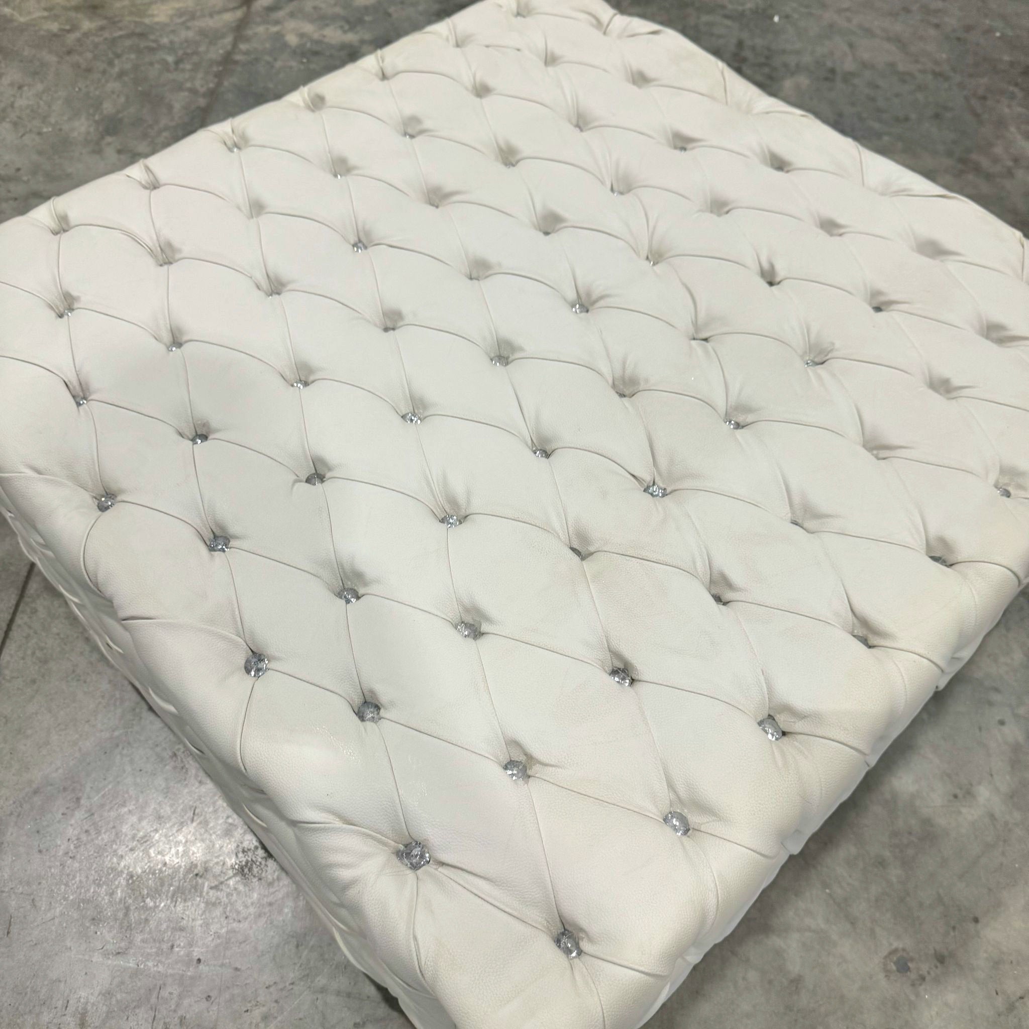 Chesterfield Footstool White Leather Tufted fabric Crystal Buttons