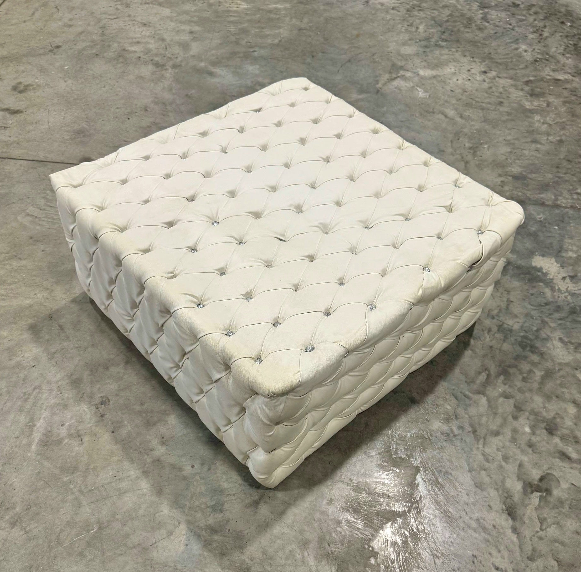 Chesterfield Footstool White Leather Tufted fabric Crystal Buttons