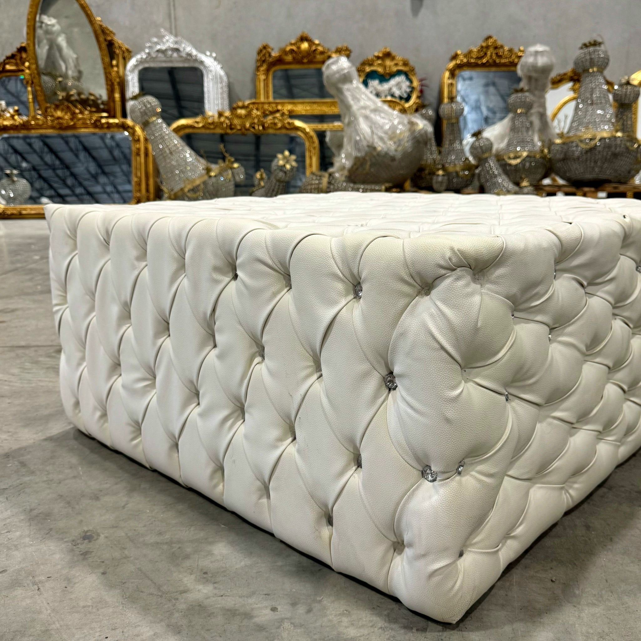 Chesterfield Footstool White Leather Tufted fabric Crystal Buttons