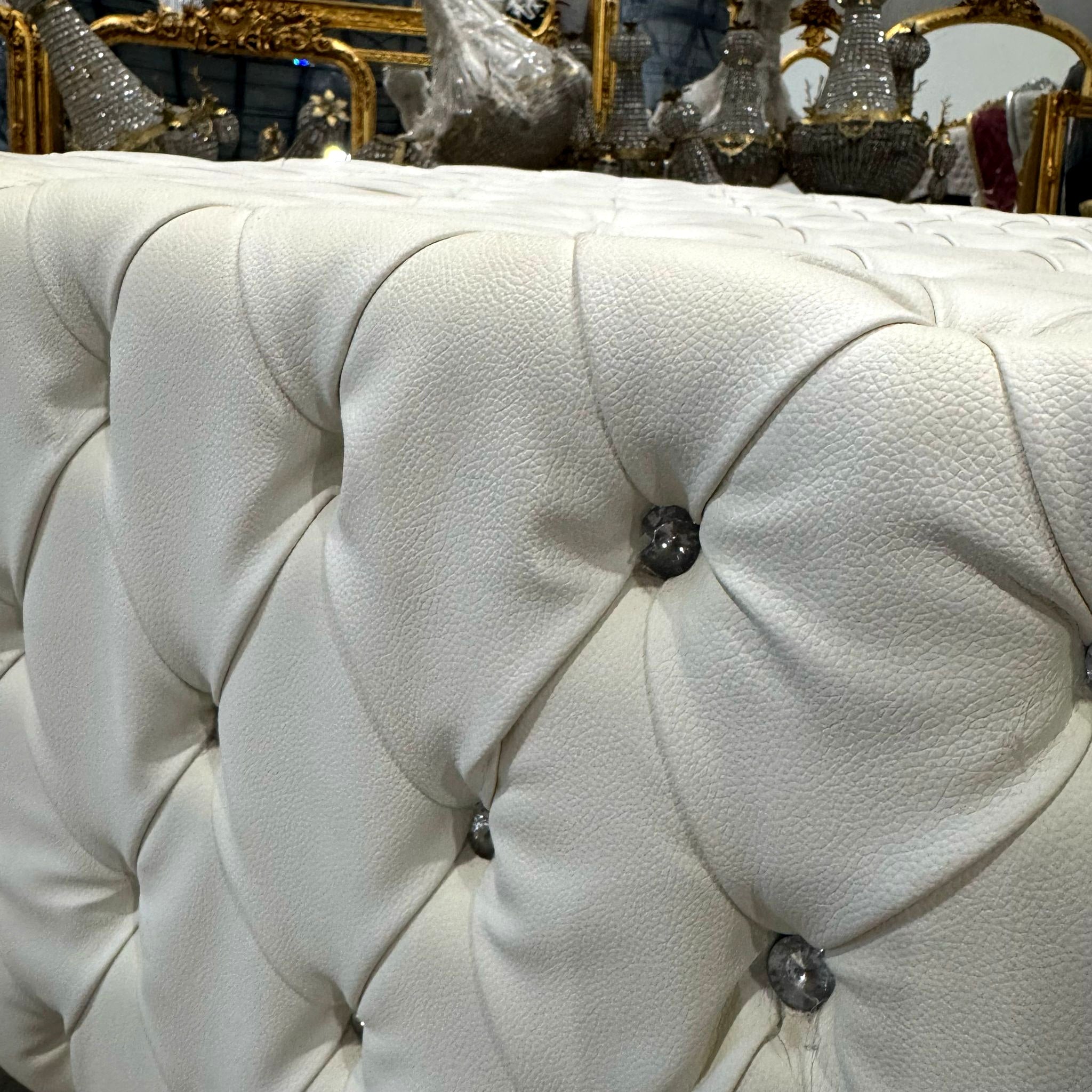 Chesterfield Footstool White Leather Tufted fabric Crystal Buttons