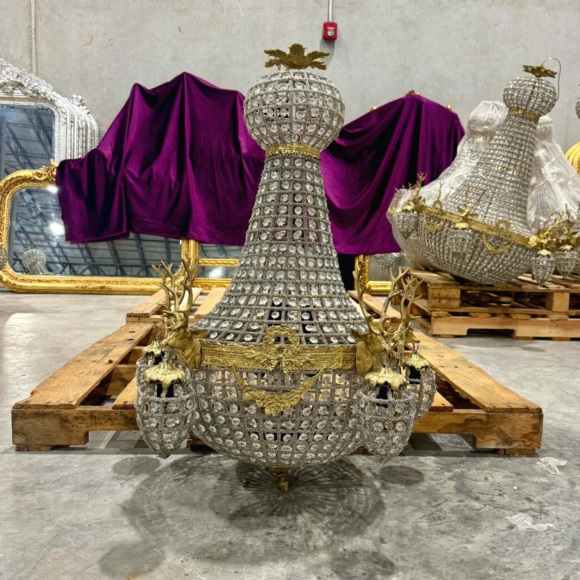 French Style Deer Stag Chandelier 36"H Gold Crystal 11 Light Bulbs Ceiling Light