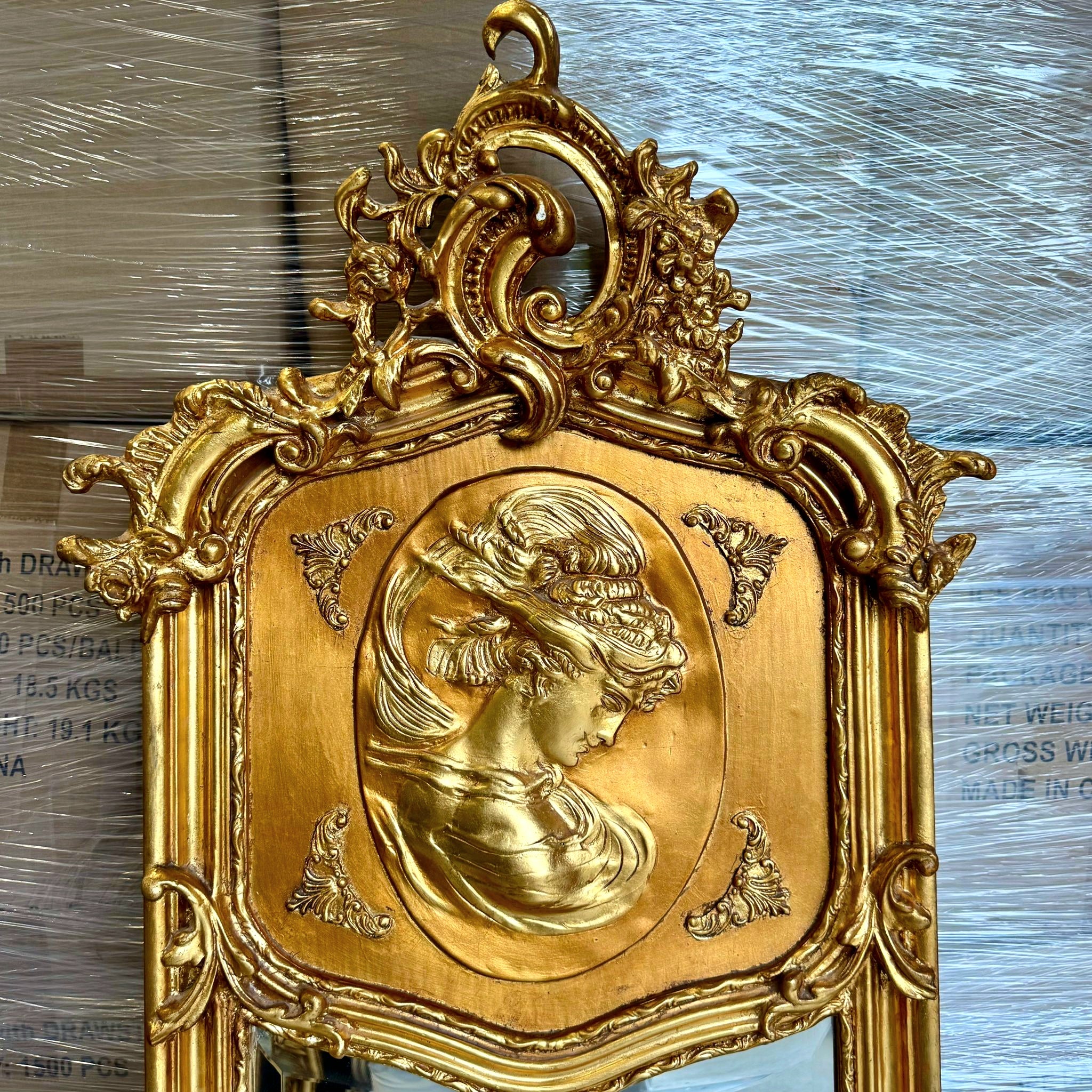 French Baroque Style Gold Woman Floor Mirror Bronze Details