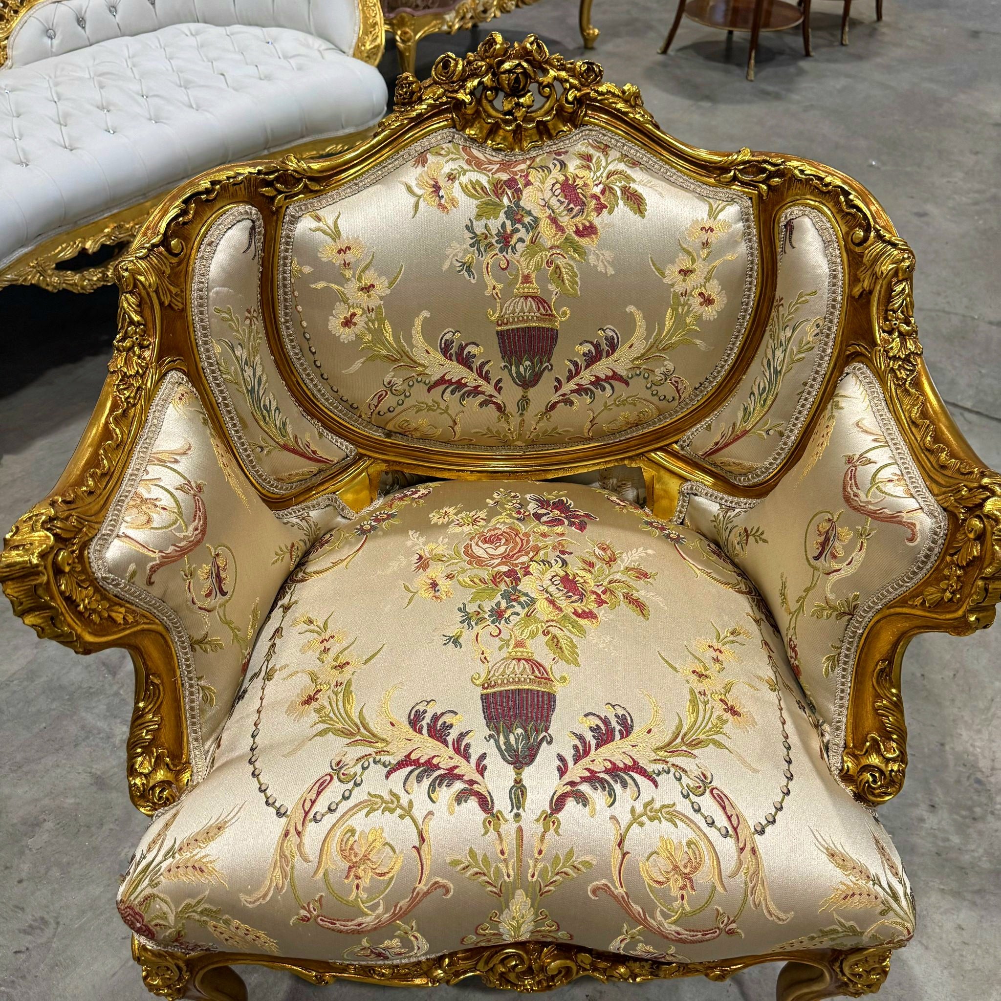 French Style Beige White Bergere Wing Chair with Gold Details