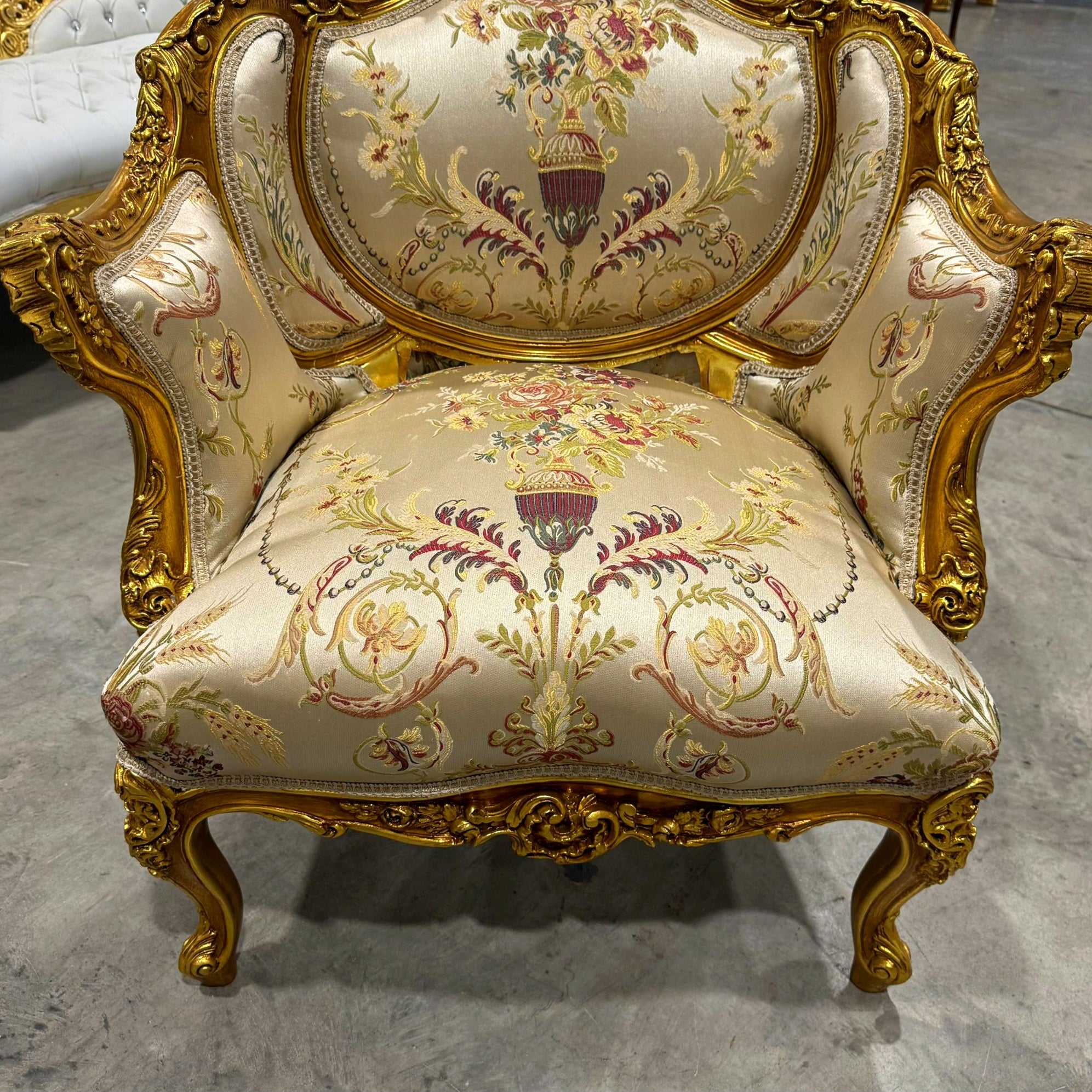 French Style Beige White Bergere Wing Chair with Gold Details
