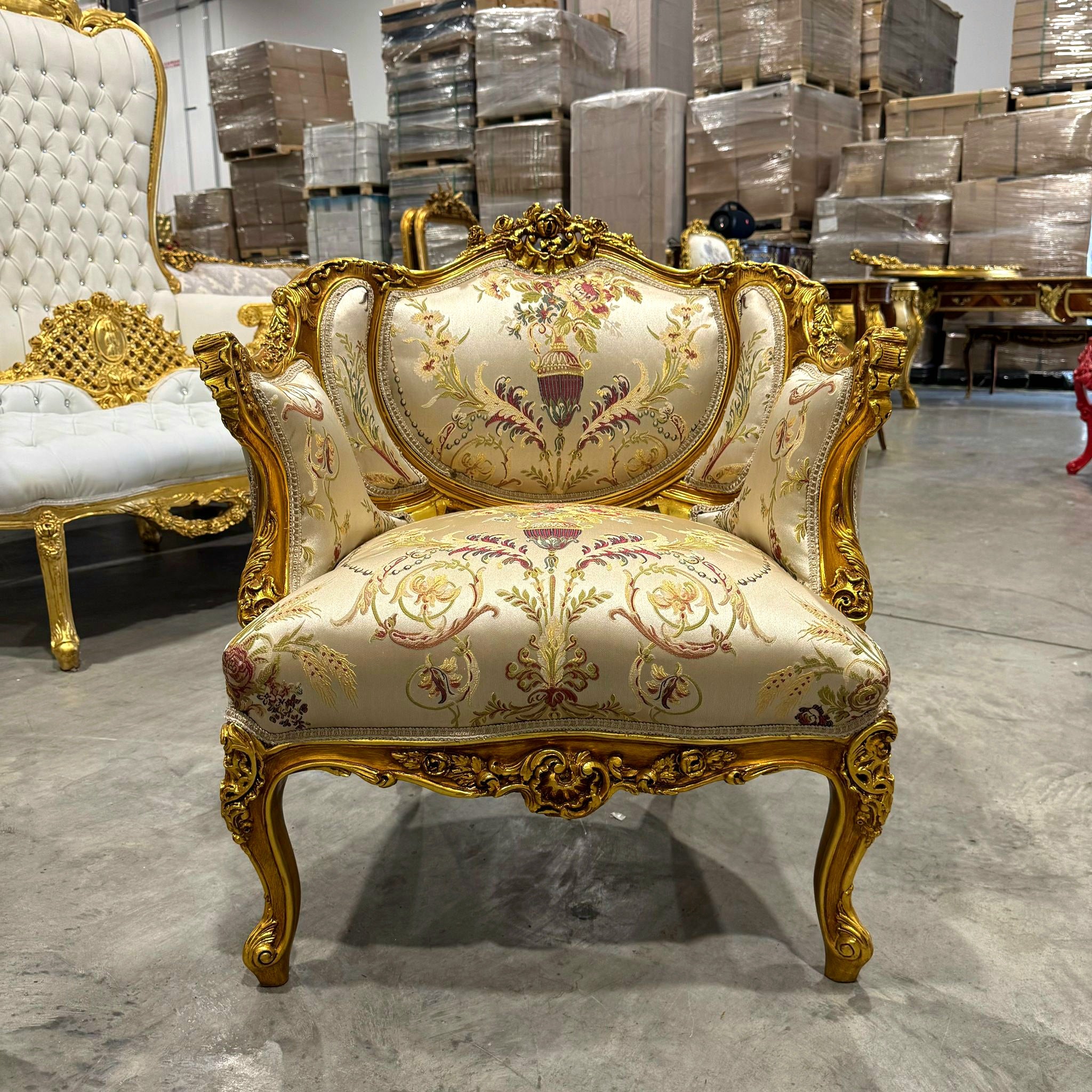 French Style Beige White Bergere Wing Chair with Gold Details