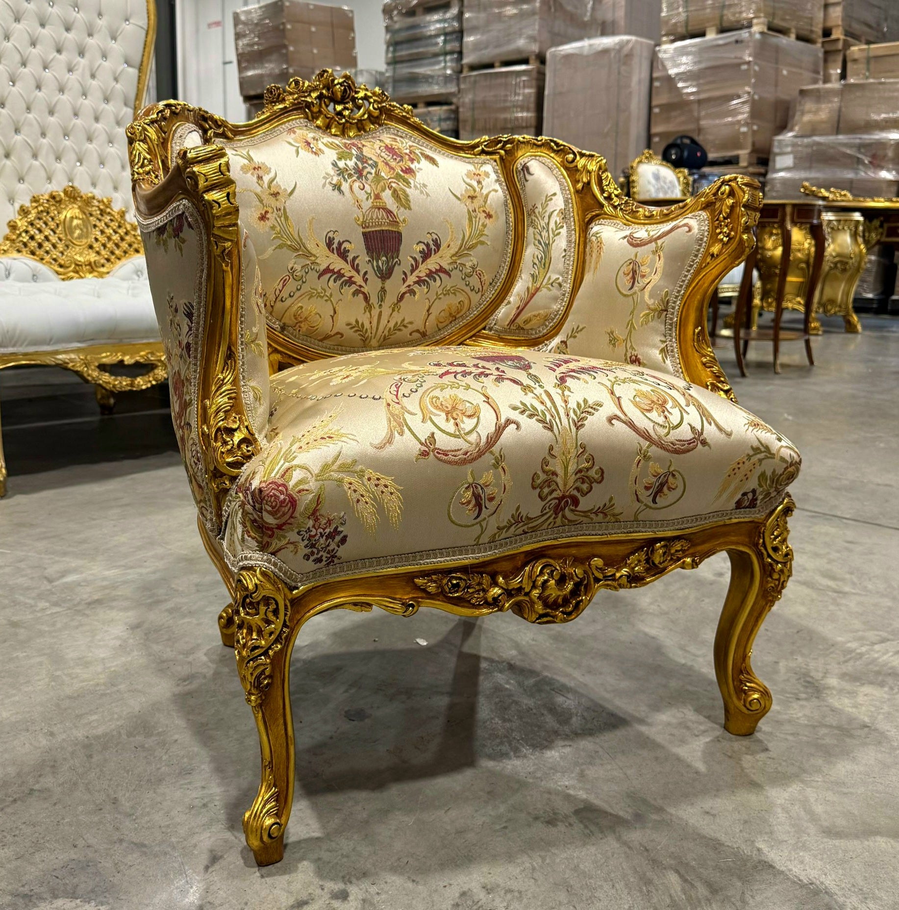 French Style Beige White Bergere Wing Chair with Gold Details