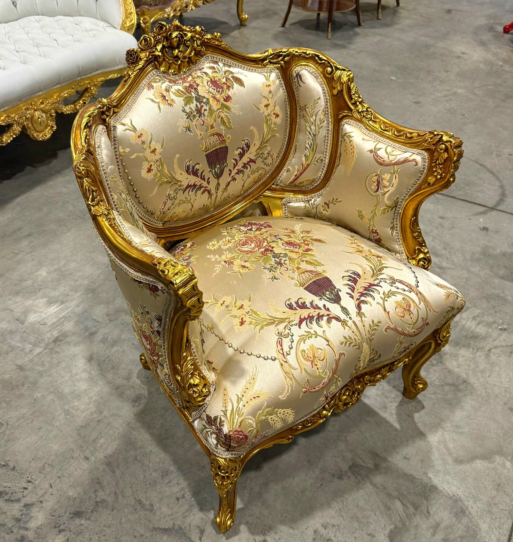 French Style Beige White Bergere Wing Chair with Gold Details