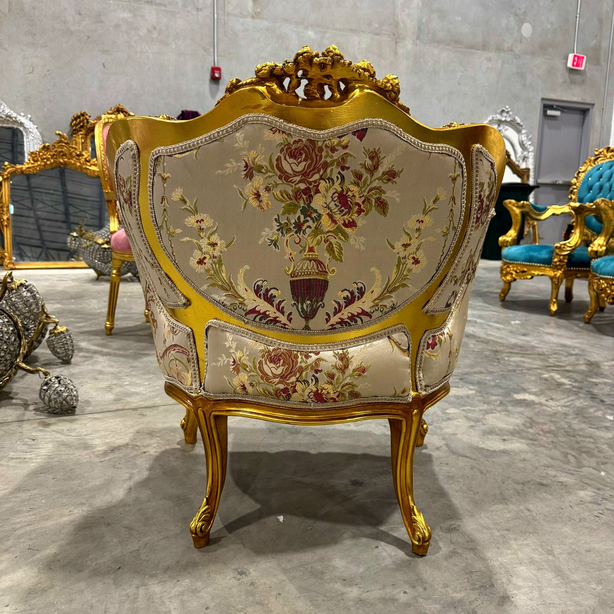 French Style Beige White Bergere Wing Chair with Gold Details