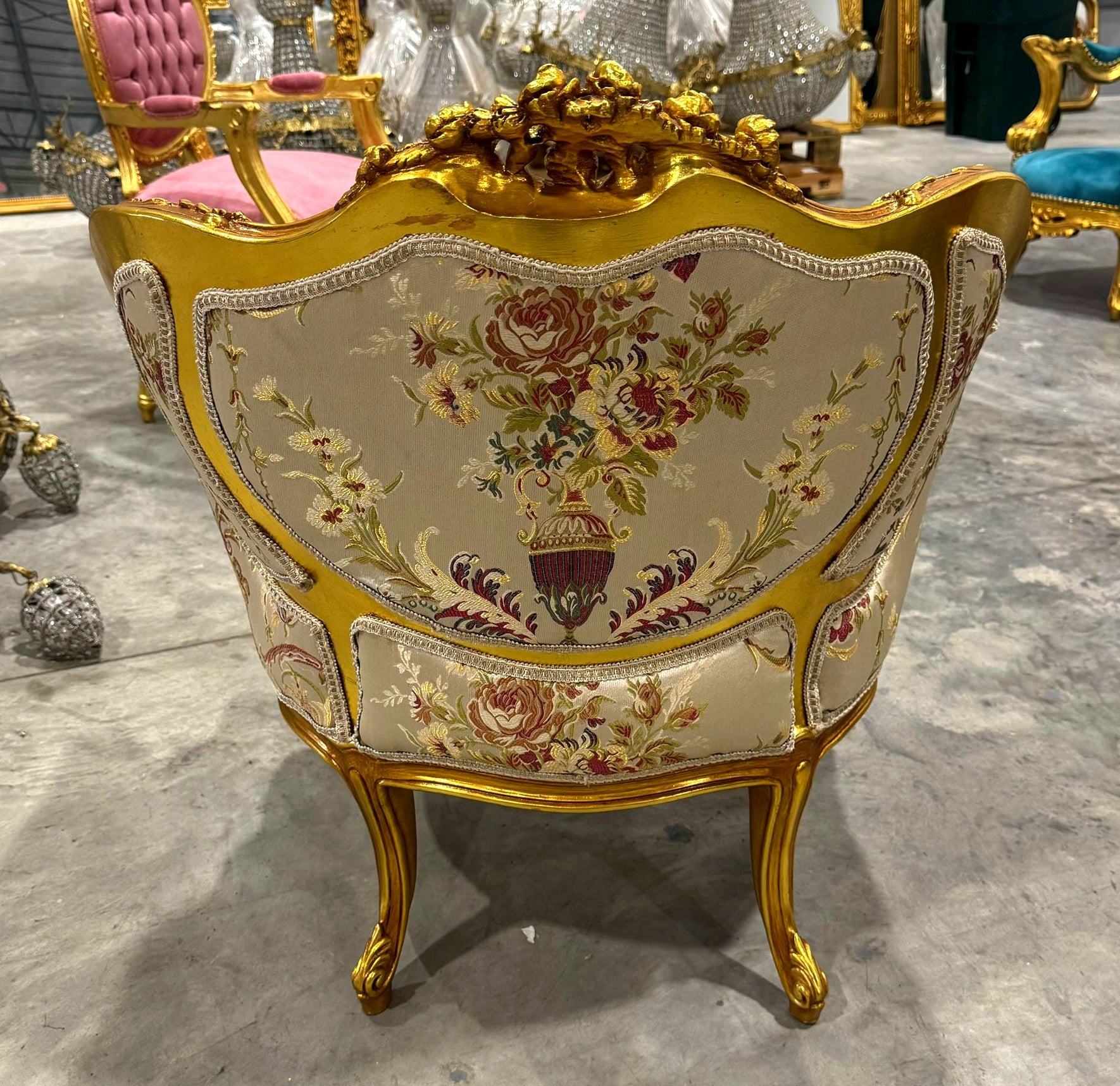 French Style Beige White Bergere Wing Chair with Gold Details