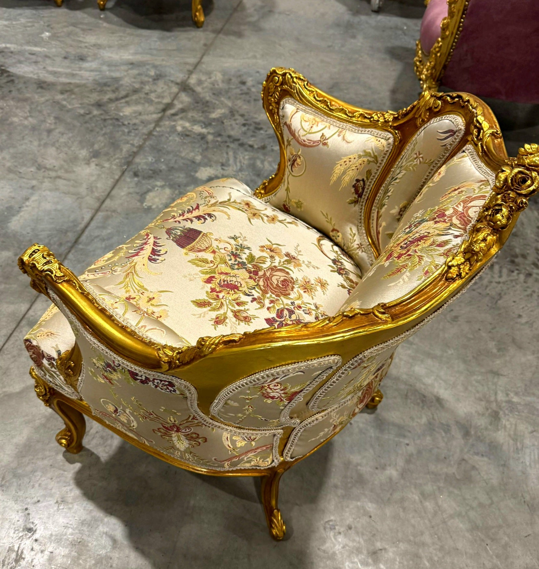 French Style Beige White Bergere Wing Chair with Gold Details