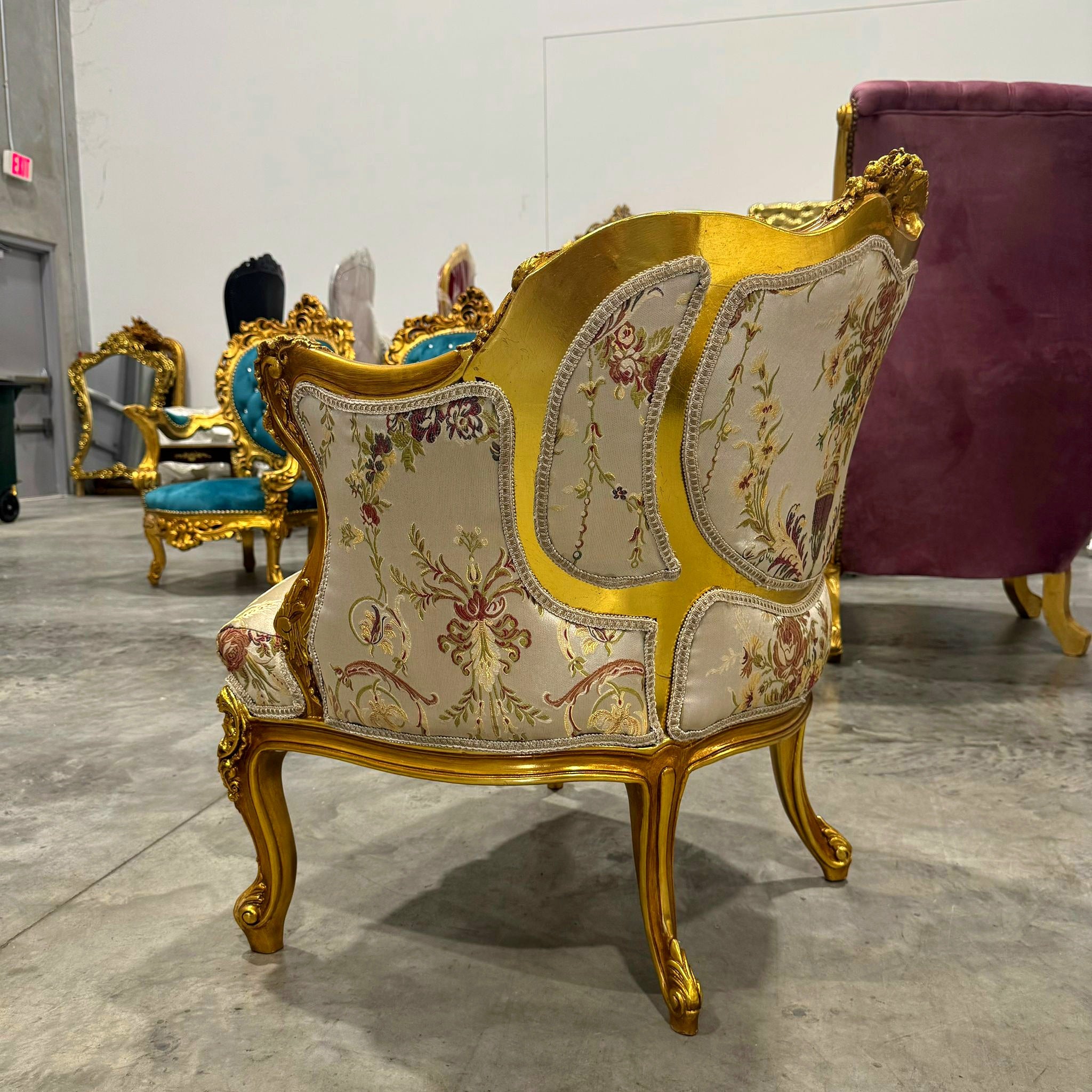 French Style Beige White Bergere Wing Chair with Gold Details