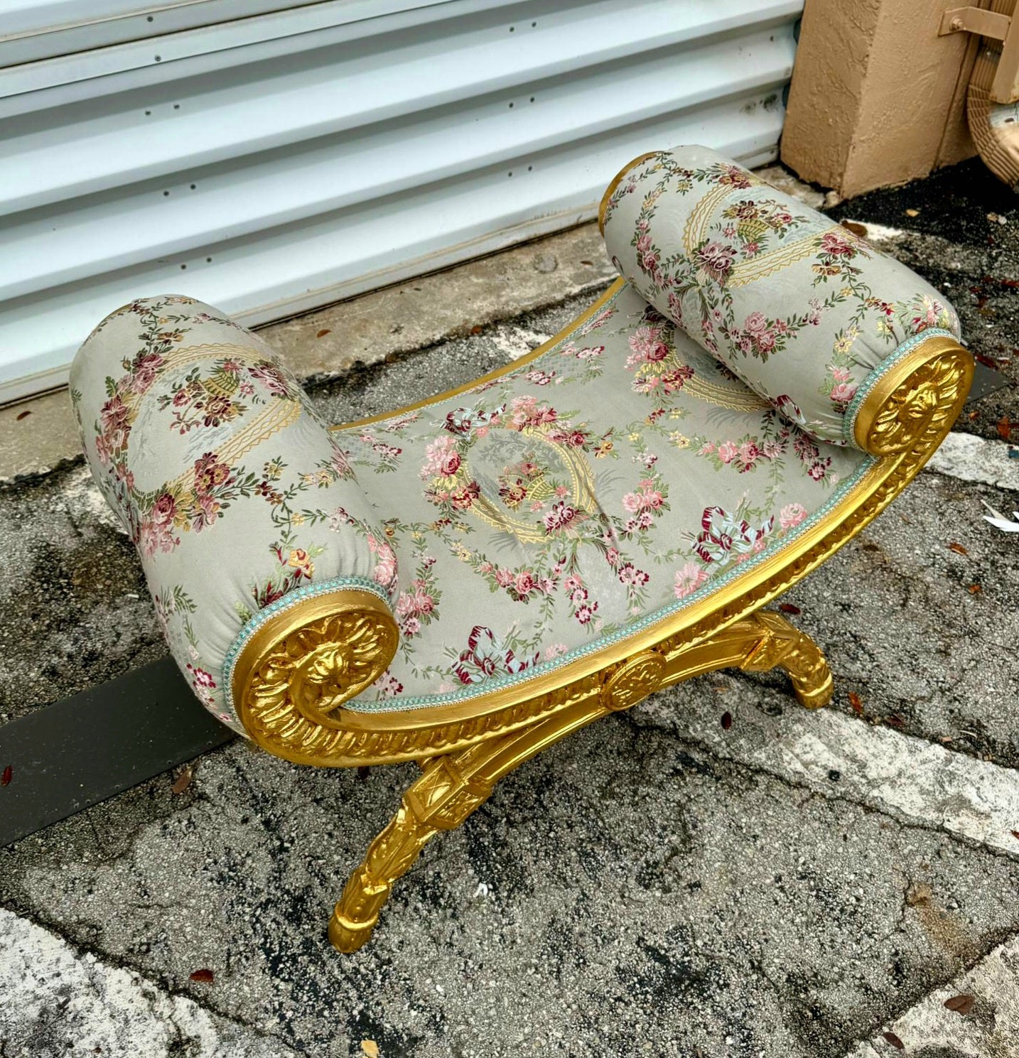 Sky Blue Bench French Style With Gold Leaf Details Rococo Baroque Furniture