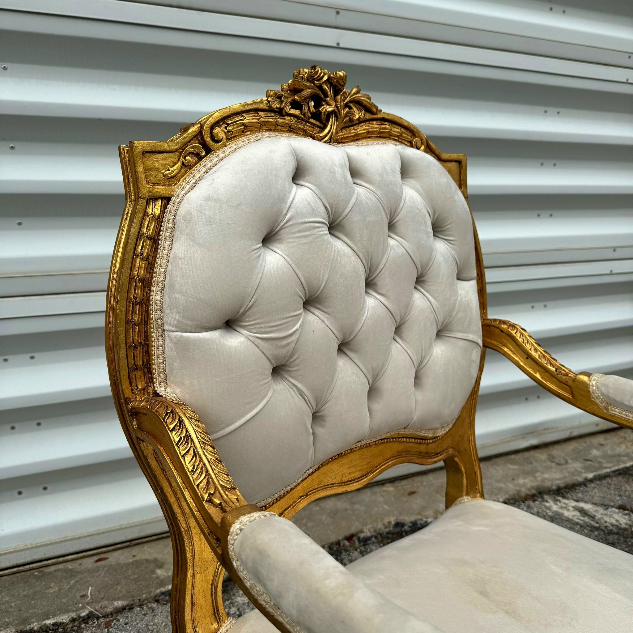 French Style Velvet Chair Set *2 chairs* with Gold Leaf Details Rococo Baroque