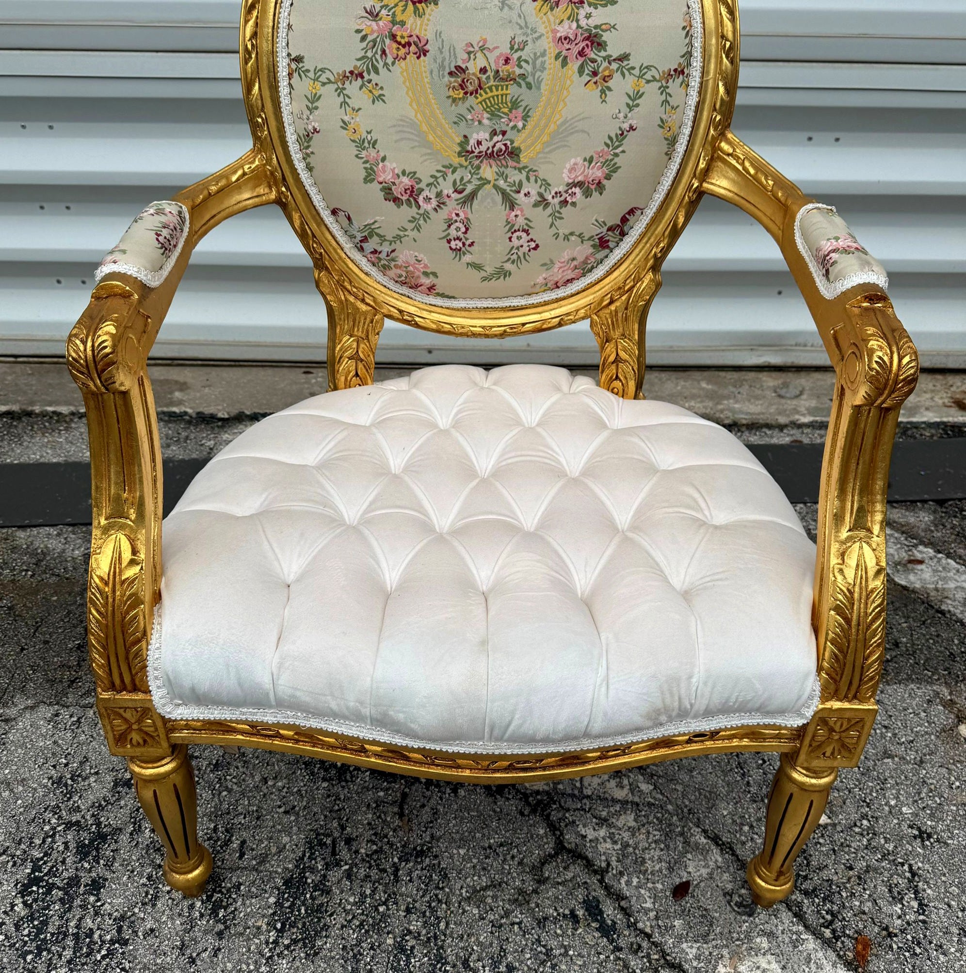 White Velvet Chair Tufted with Gold Leaf Details French Style Rococo Baroque