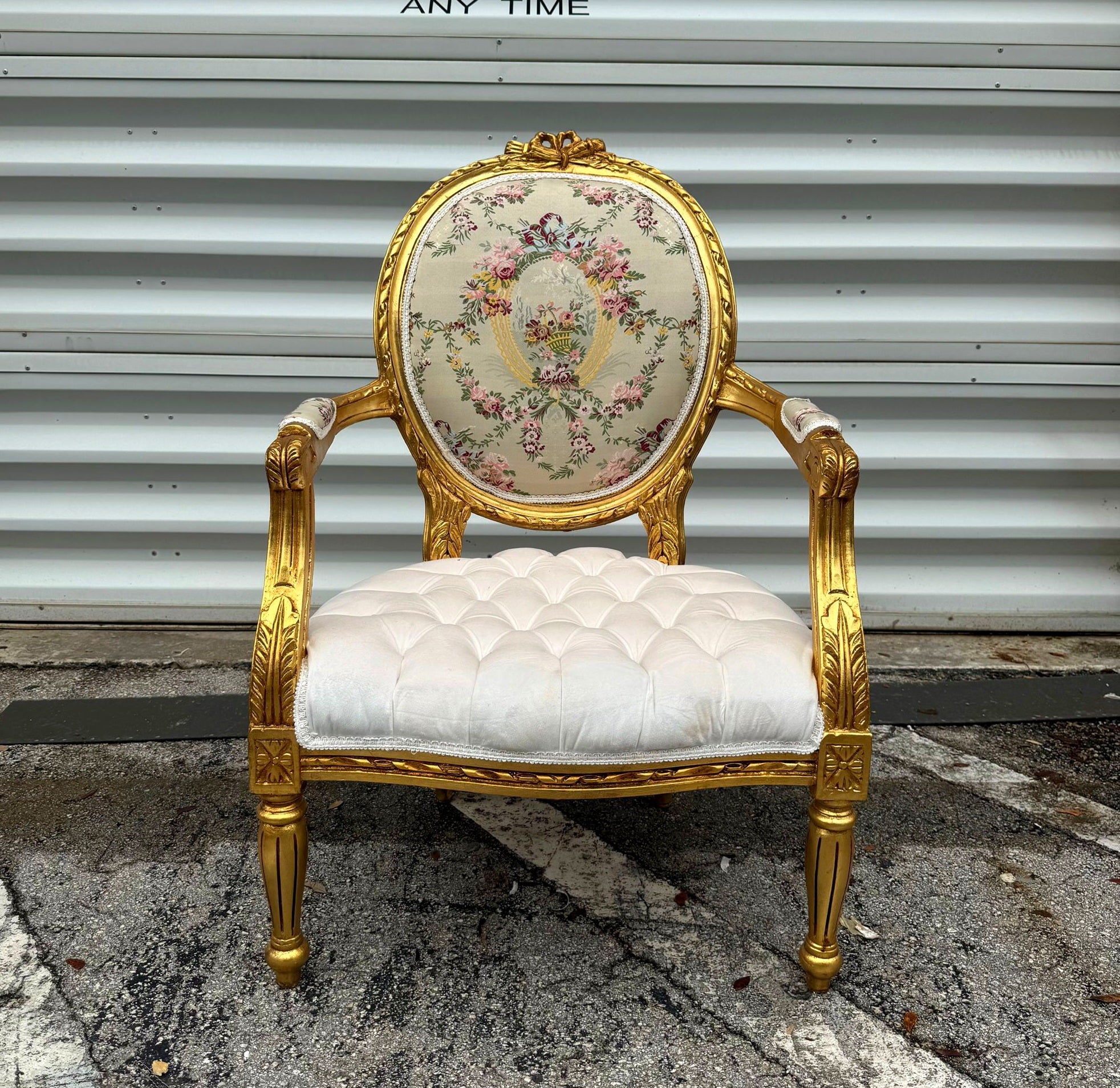 White Velvet Chair Tufted with Gold Leaf Details French Style Rococo Baroque