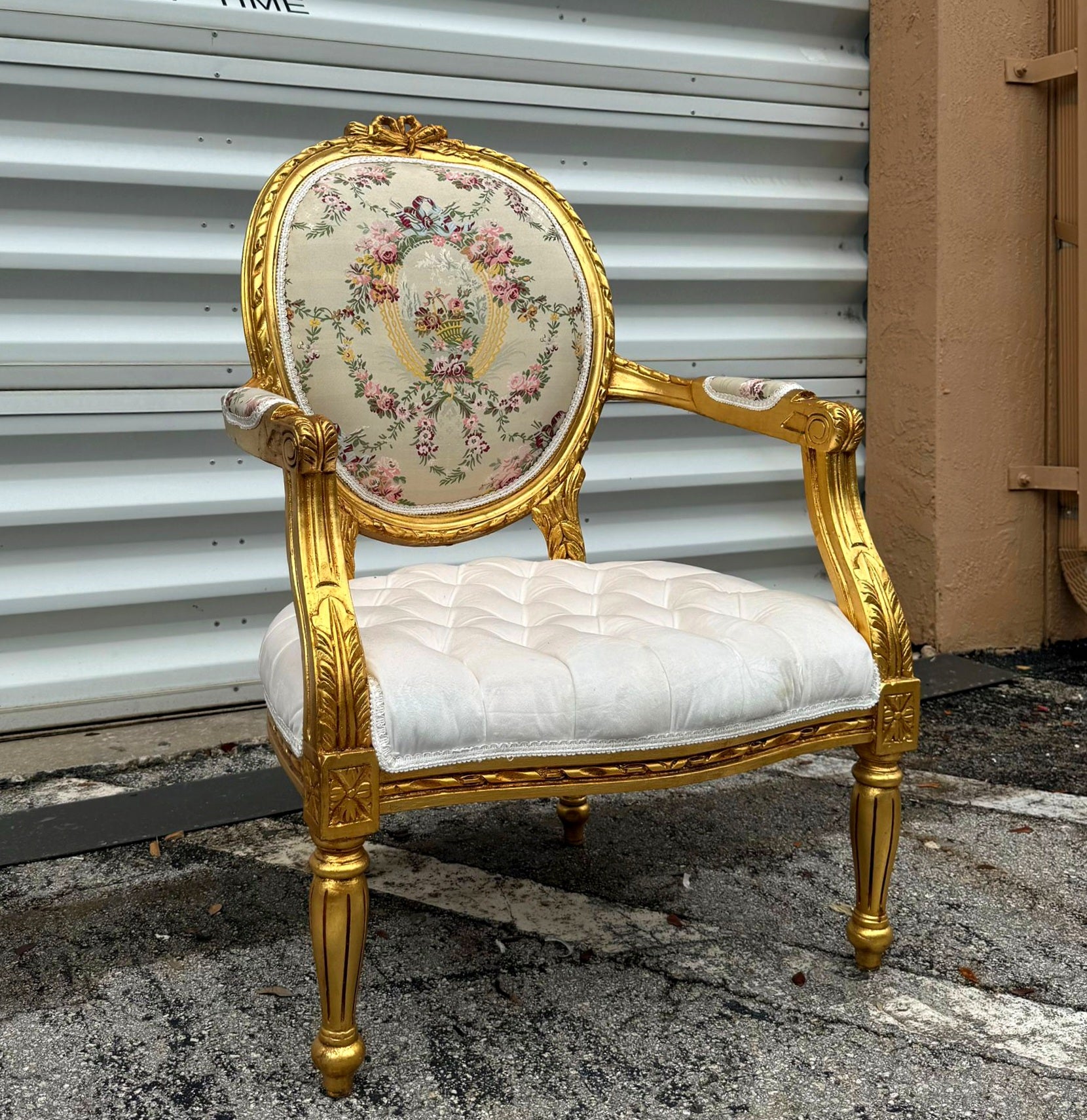 White Velvet Chair Tufted with Gold Leaf Details French Style Rococo Baroque