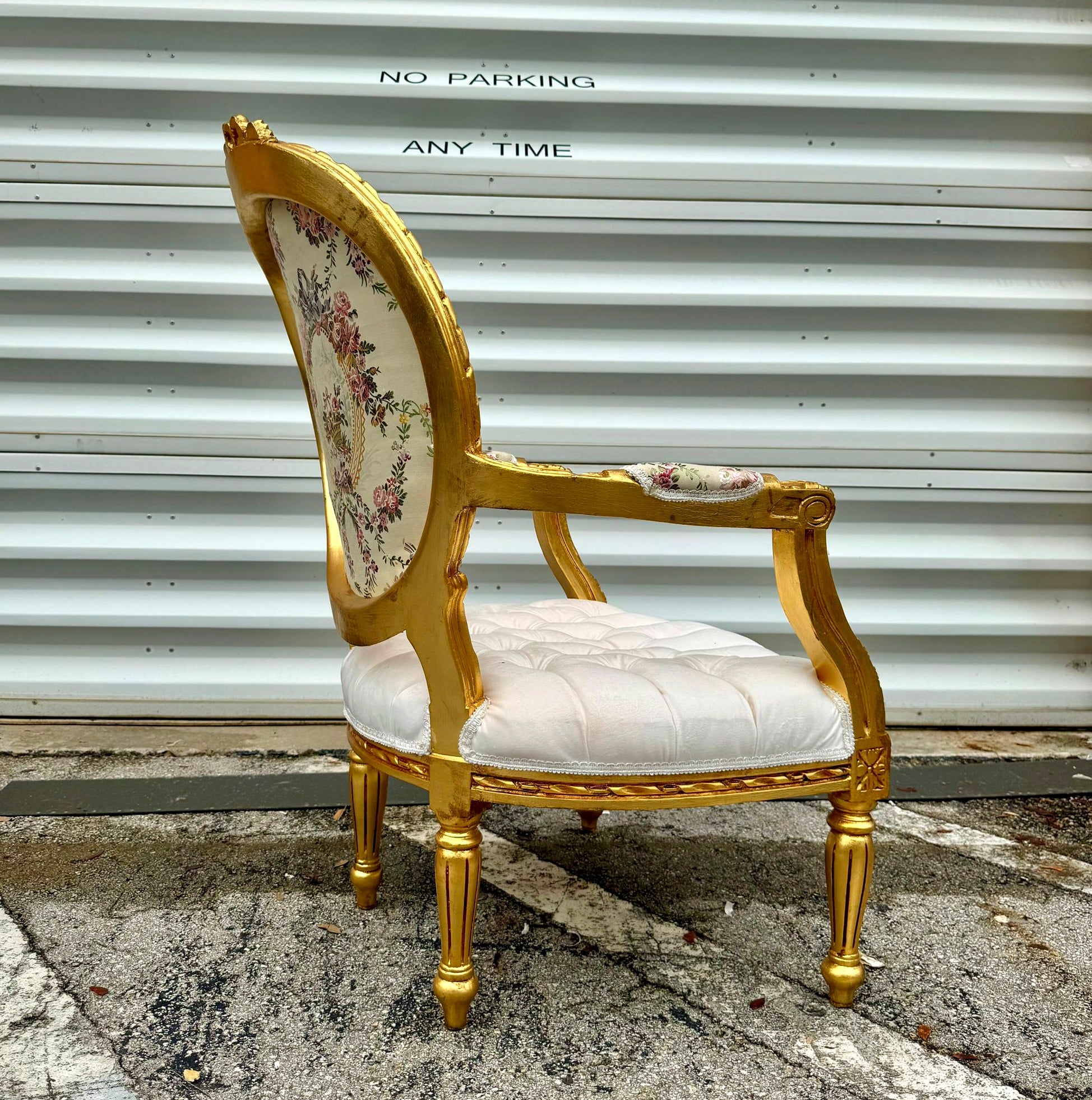 White Velvet Chair Tufted with Gold Leaf Details French Style Rococo Baroque