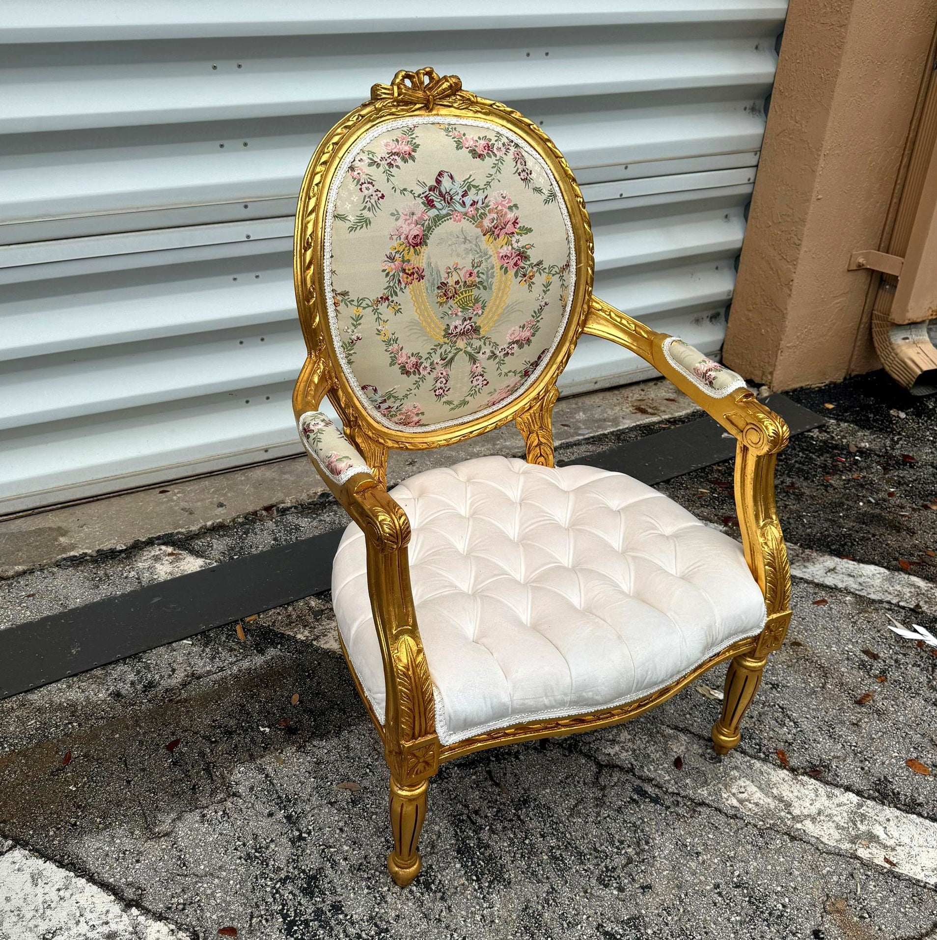 White Velvet Chair Tufted with Gold Leaf Details French Style Rococo Baroque