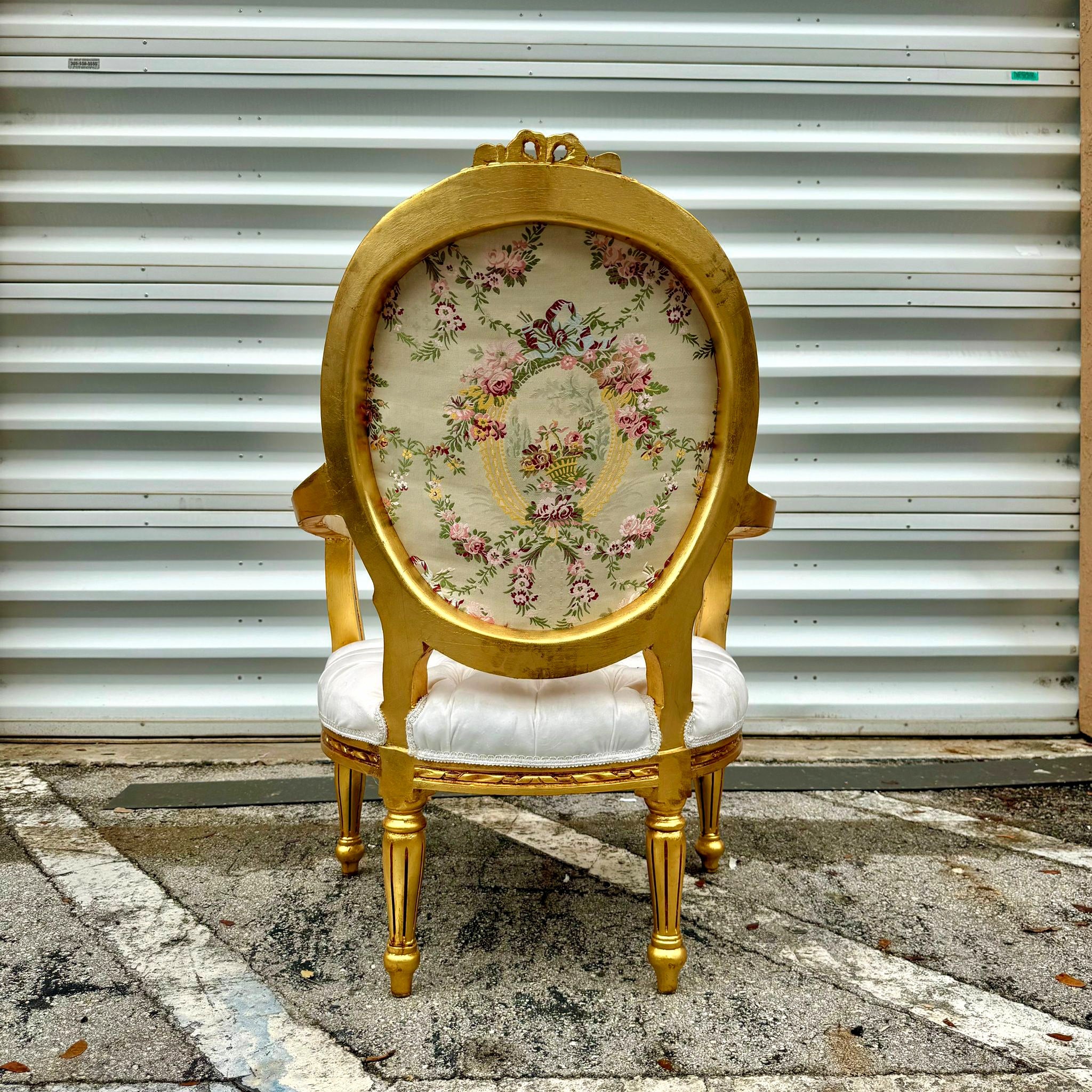 White Velvet Chair Tufted with Gold Leaf Details French Style Rococo Baroque