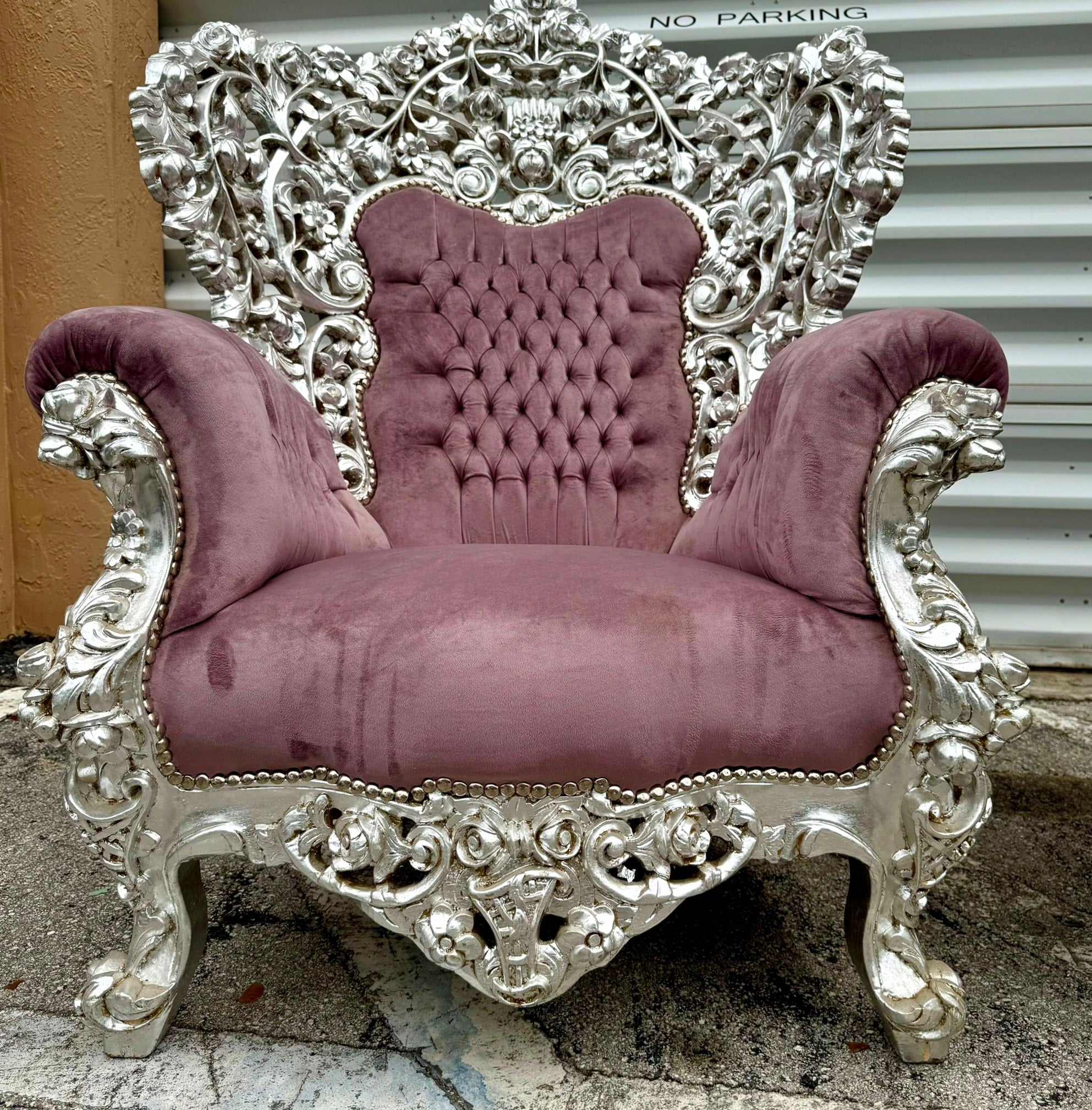 Heavy Rococo Style Purple Mauve Velvet Chair with Silver Leaf Frame Details