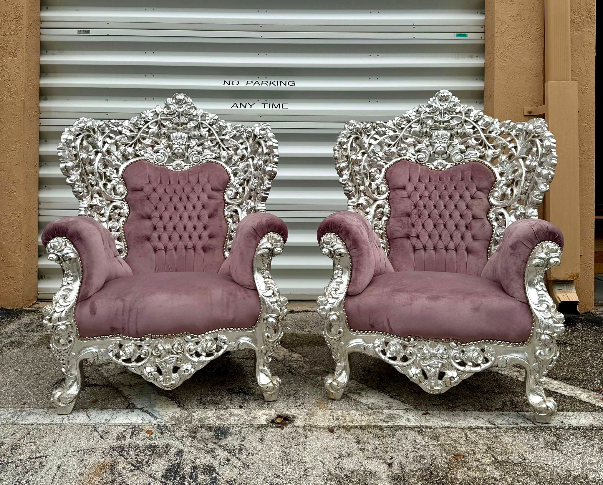 Heavy Rococo Style Purple Mauve Velvet Chair with Silver Leaf Frame Details