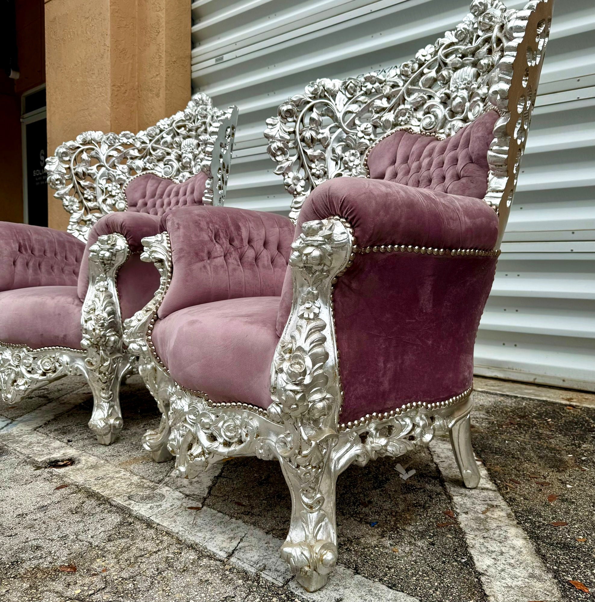 Heavy Rococo Style Purple Mauve Velvet Chair with Silver Leaf Frame Details