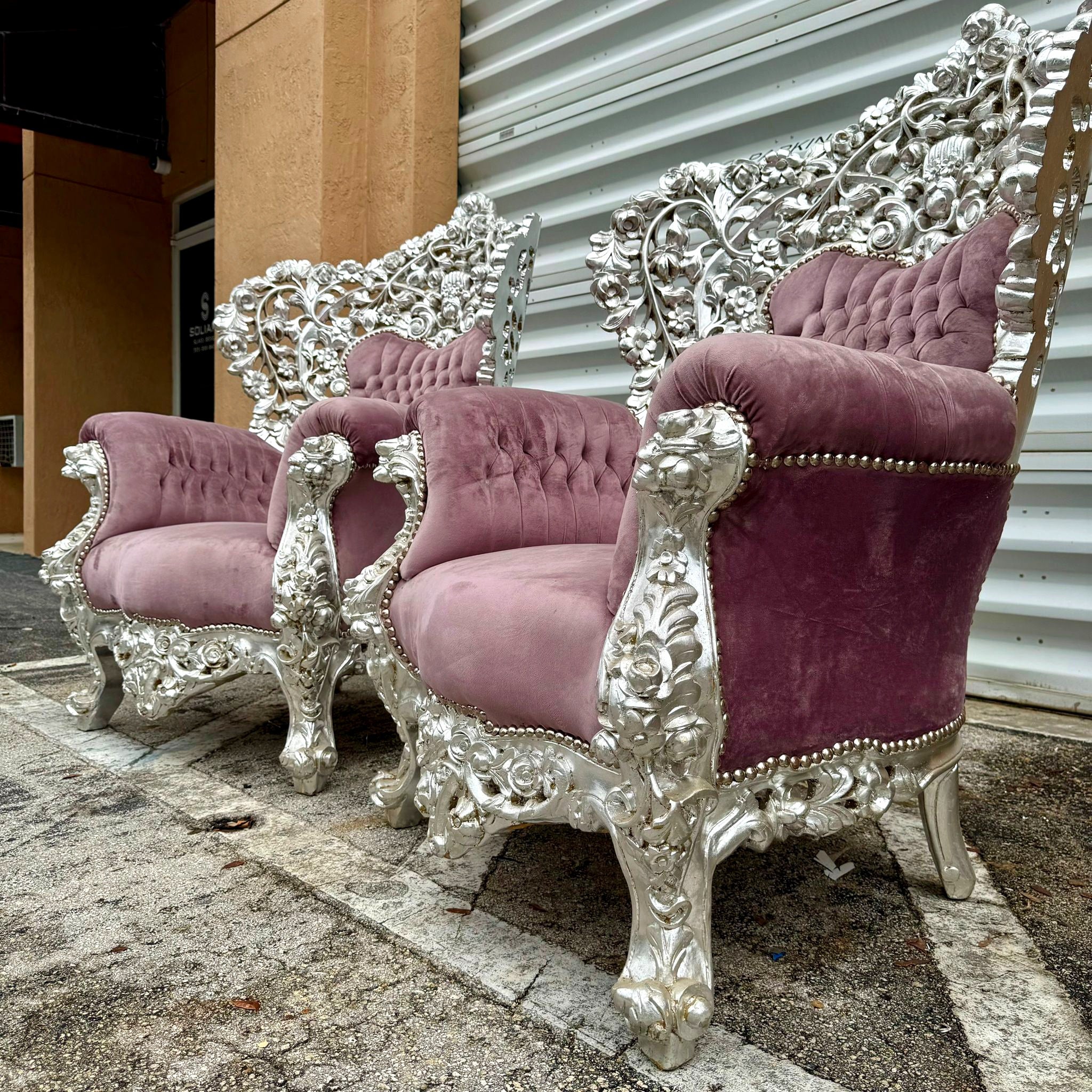 Heavy Rococo Style Purple Mauve Velvet Chair with Silver Leaf Frame Details