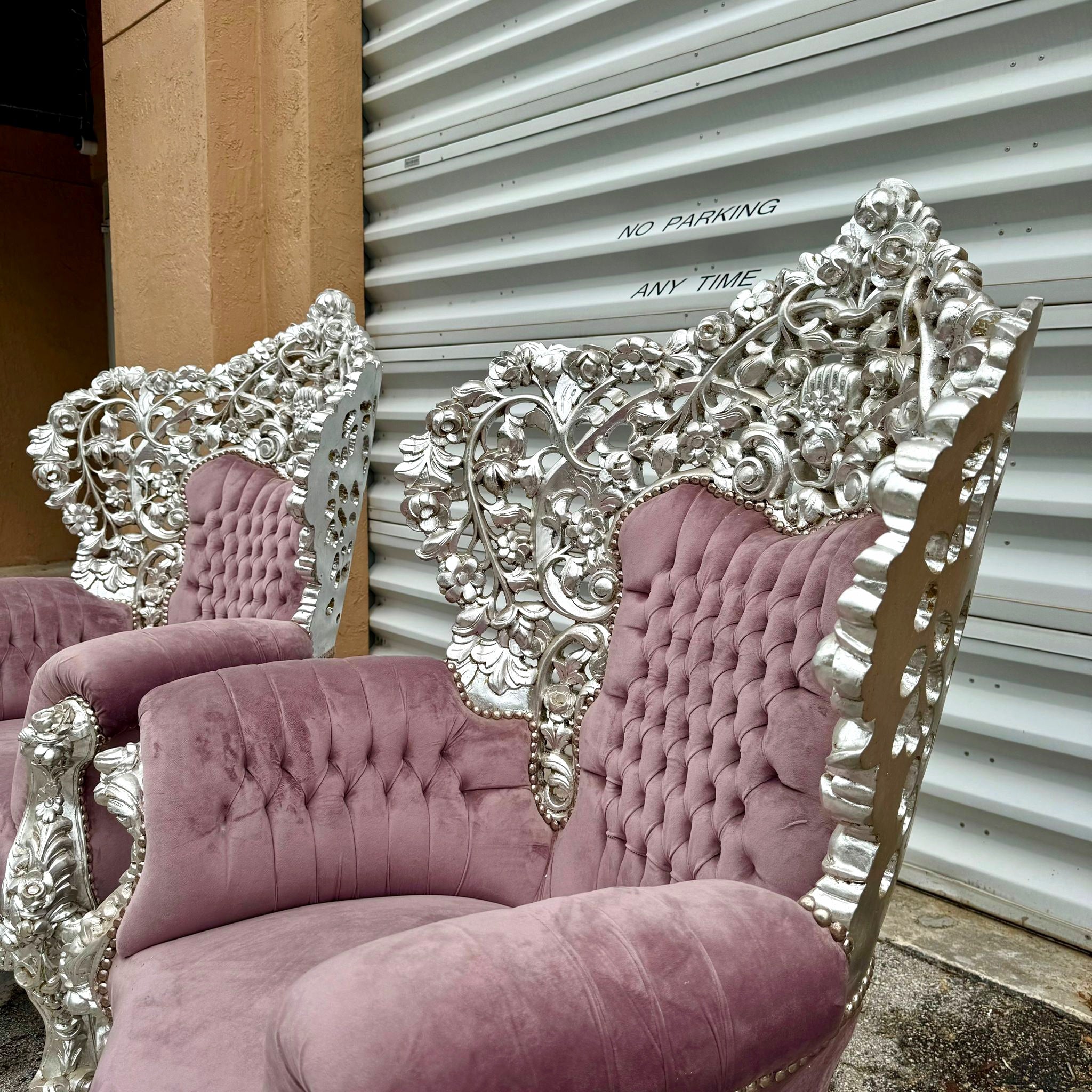 Heavy Rococo Style Purple Mauve Velvet Chair with Silver Leaf Frame Details