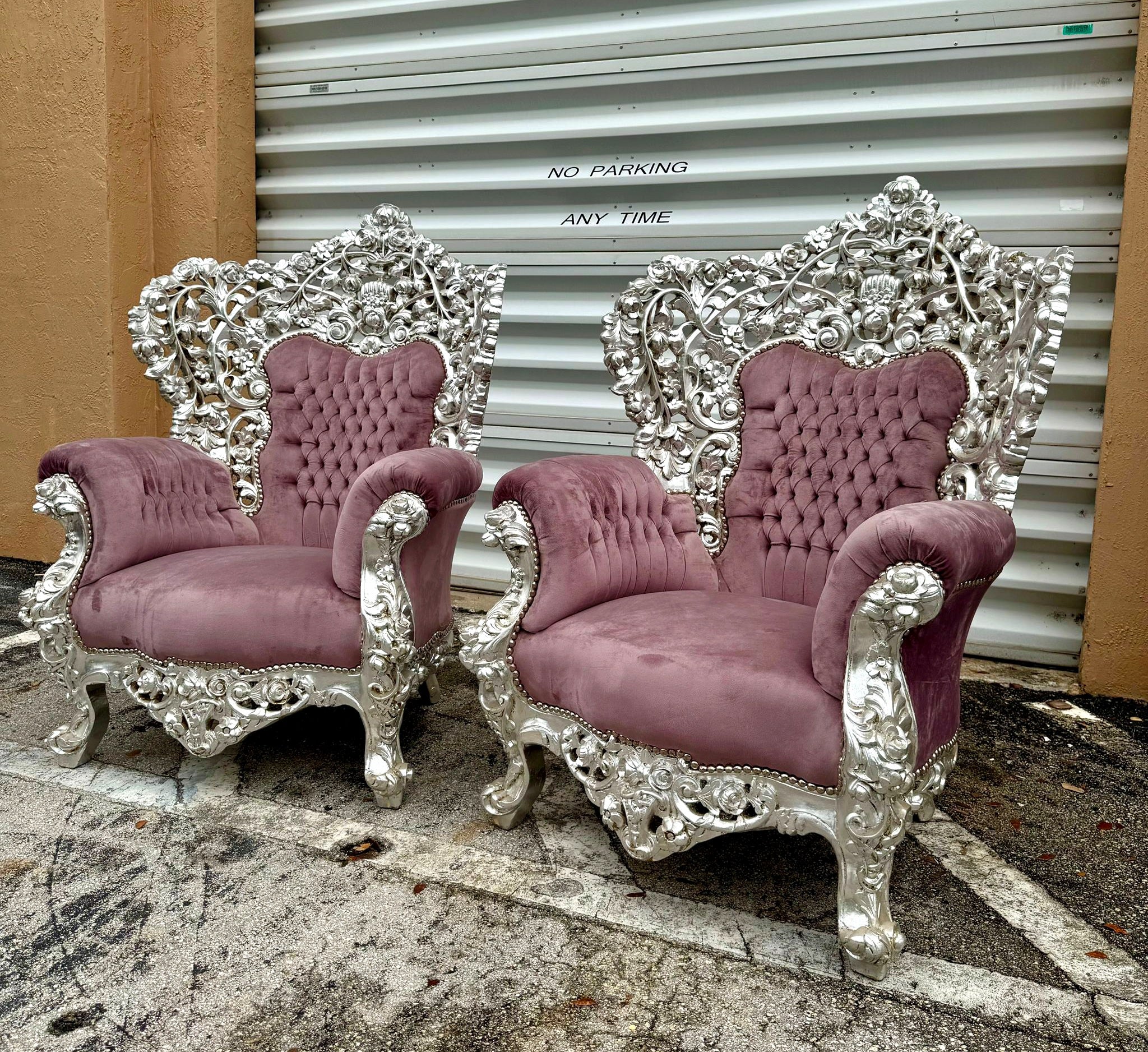 Heavy Rococo Style Purple Mauve Velvet Chair with Silver Leaf Frame Details