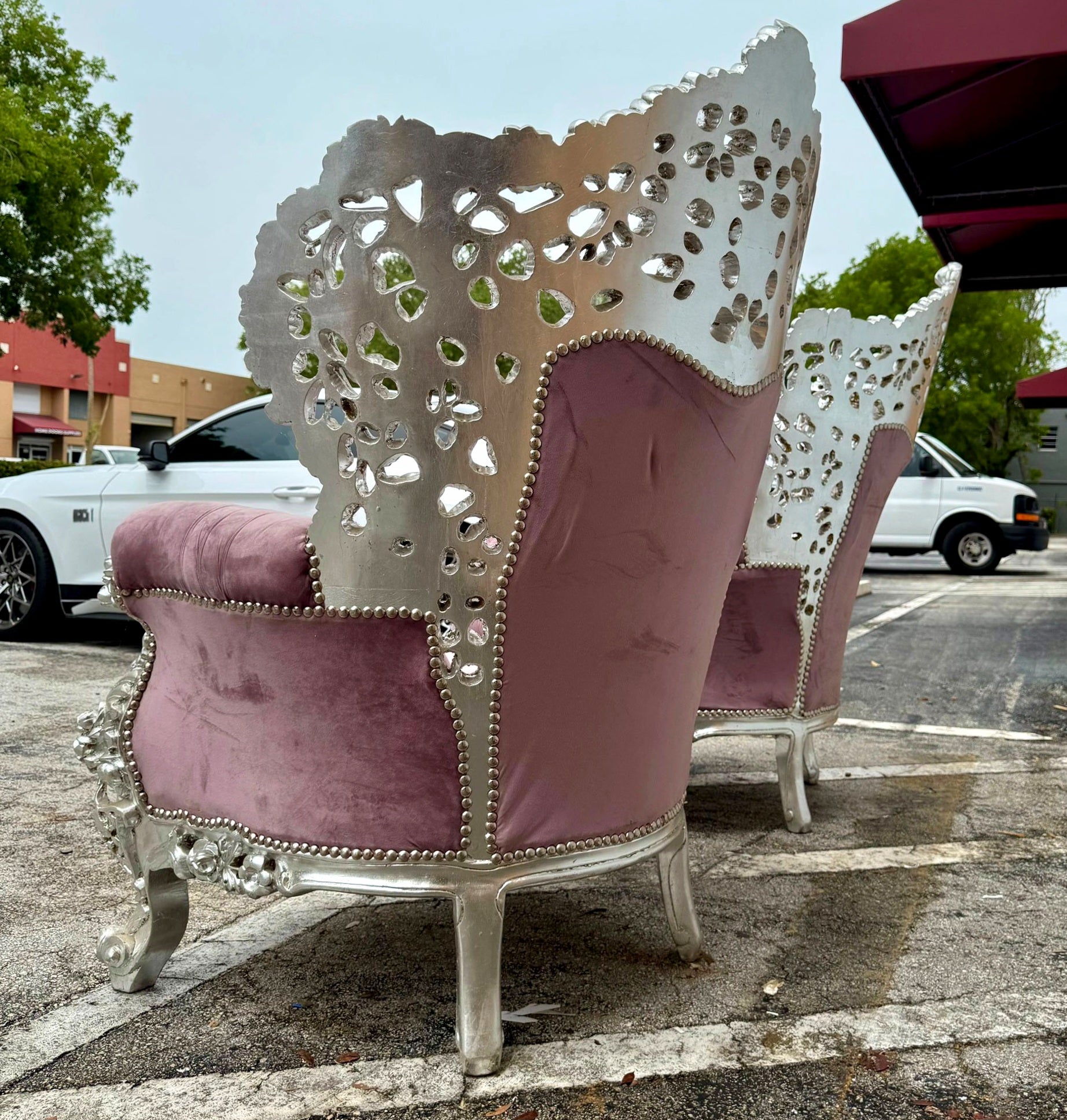 Heavy Rococo Style Purple Mauve Velvet Chair with Silver Leaf Frame Details