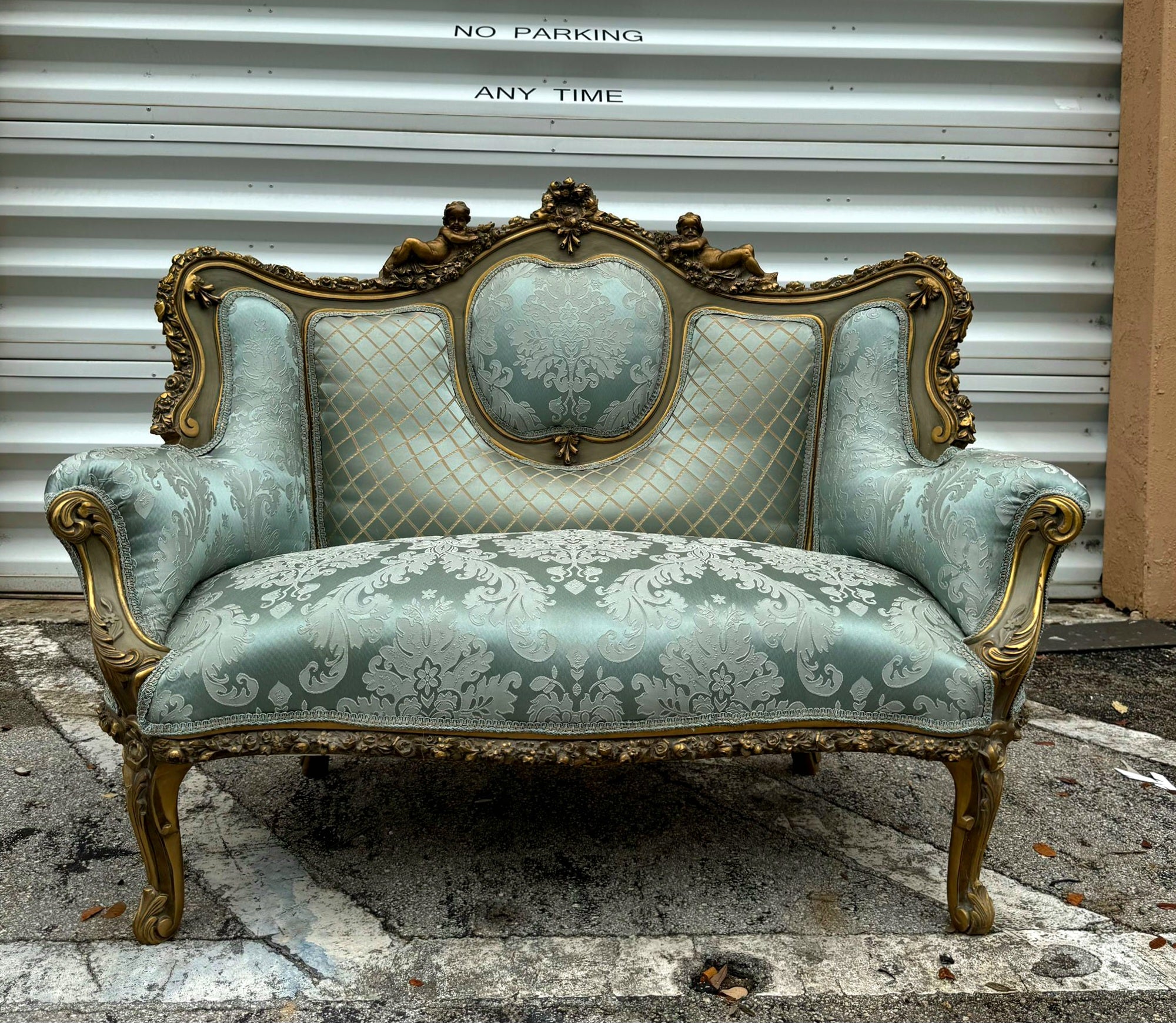French Rococo Style Sofa Sky Blue Color and Gold Leaf Details Big Sofa Furniture