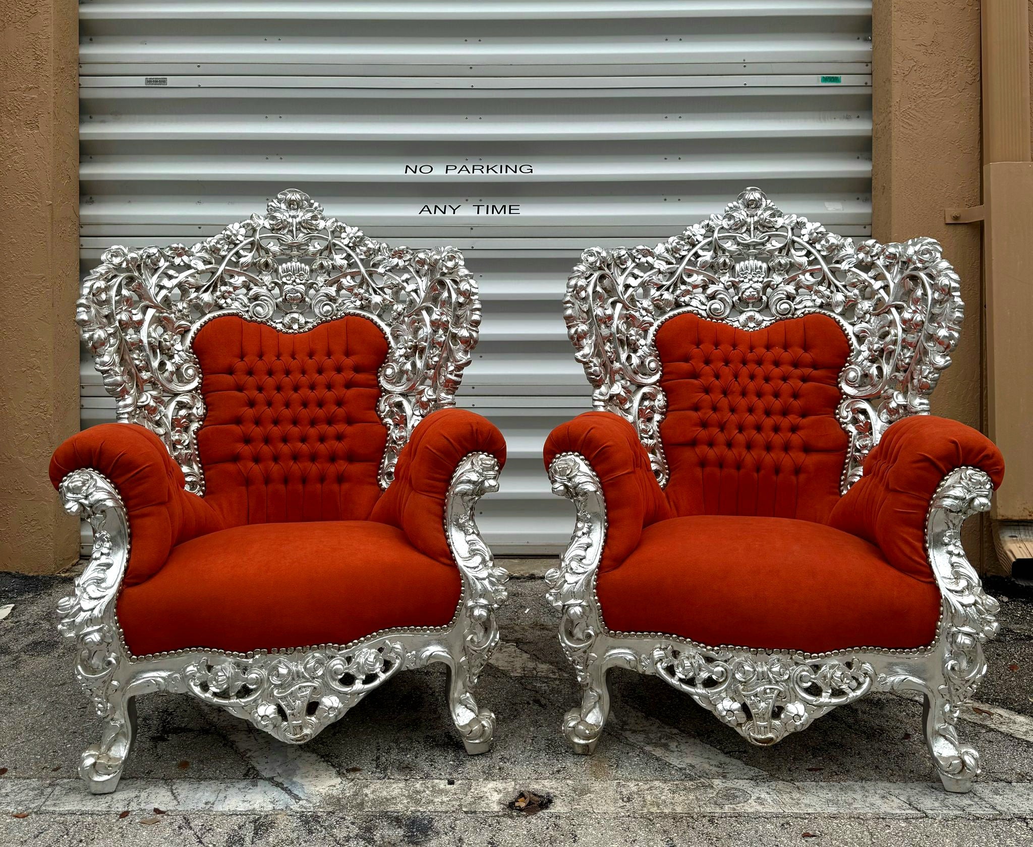 Heavy Rococo Style Orange Velvet Chair with Silver Leaf Frame Details Furniture