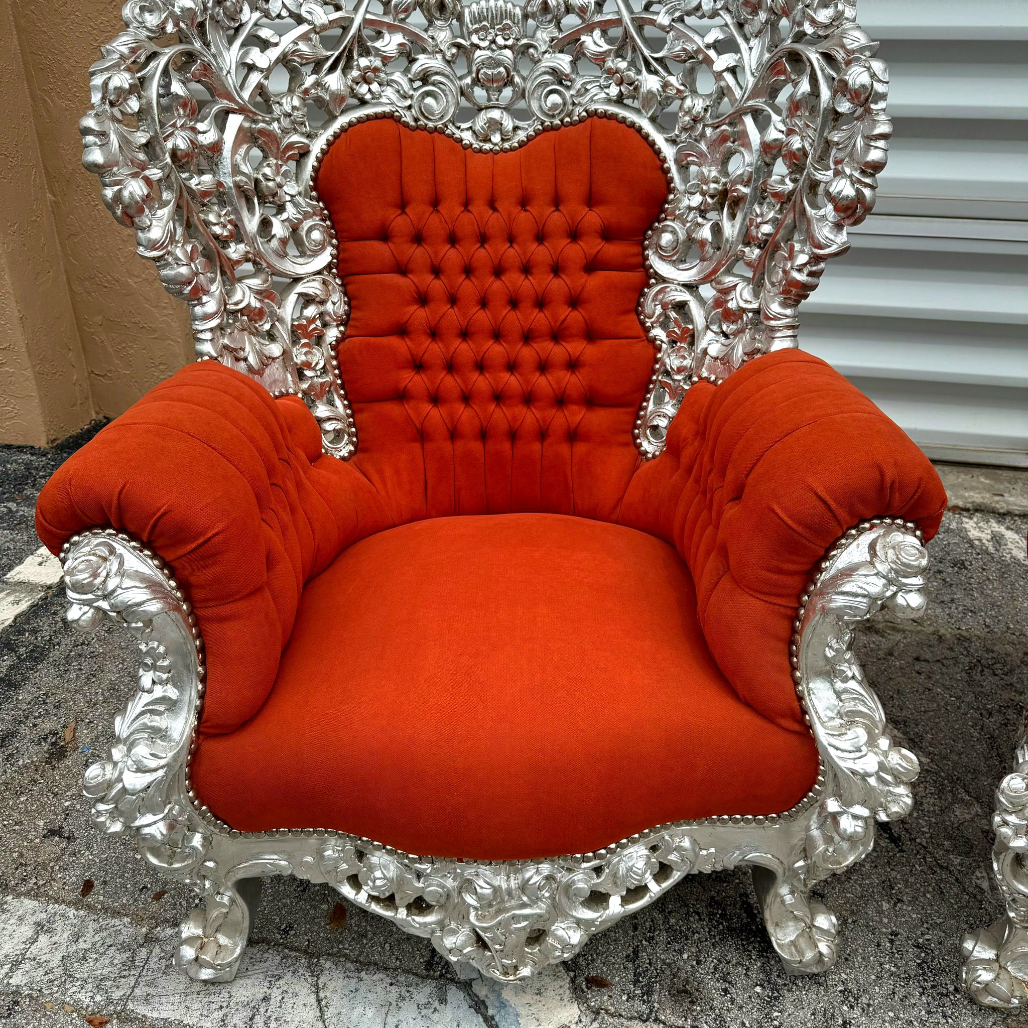 Heavy Rococo Style Orange Velvet Chair with Silver Leaf Frame Details Furniture