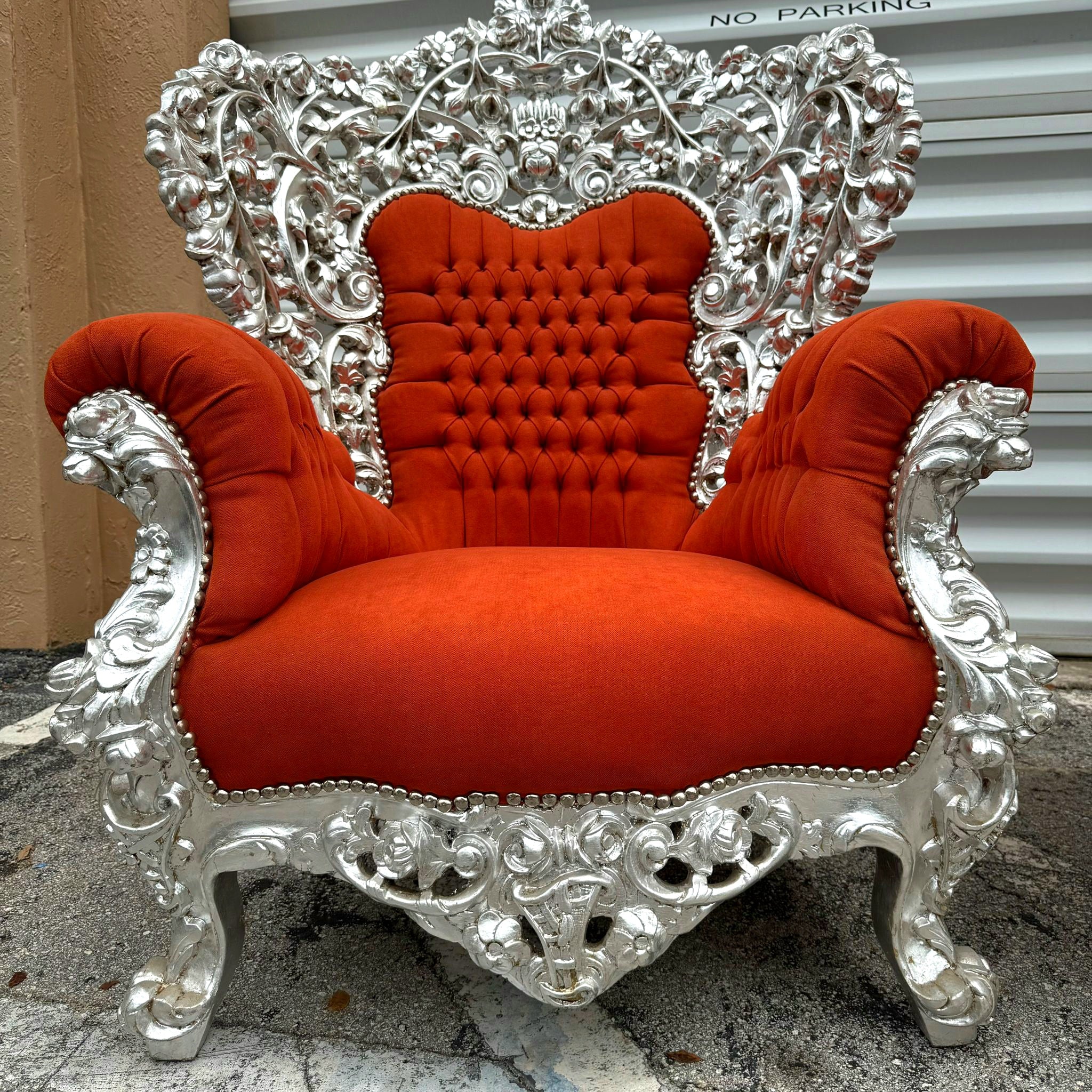 Heavy Rococo Style Orange Velvet Chair with Silver Leaf Frame Details Furniture