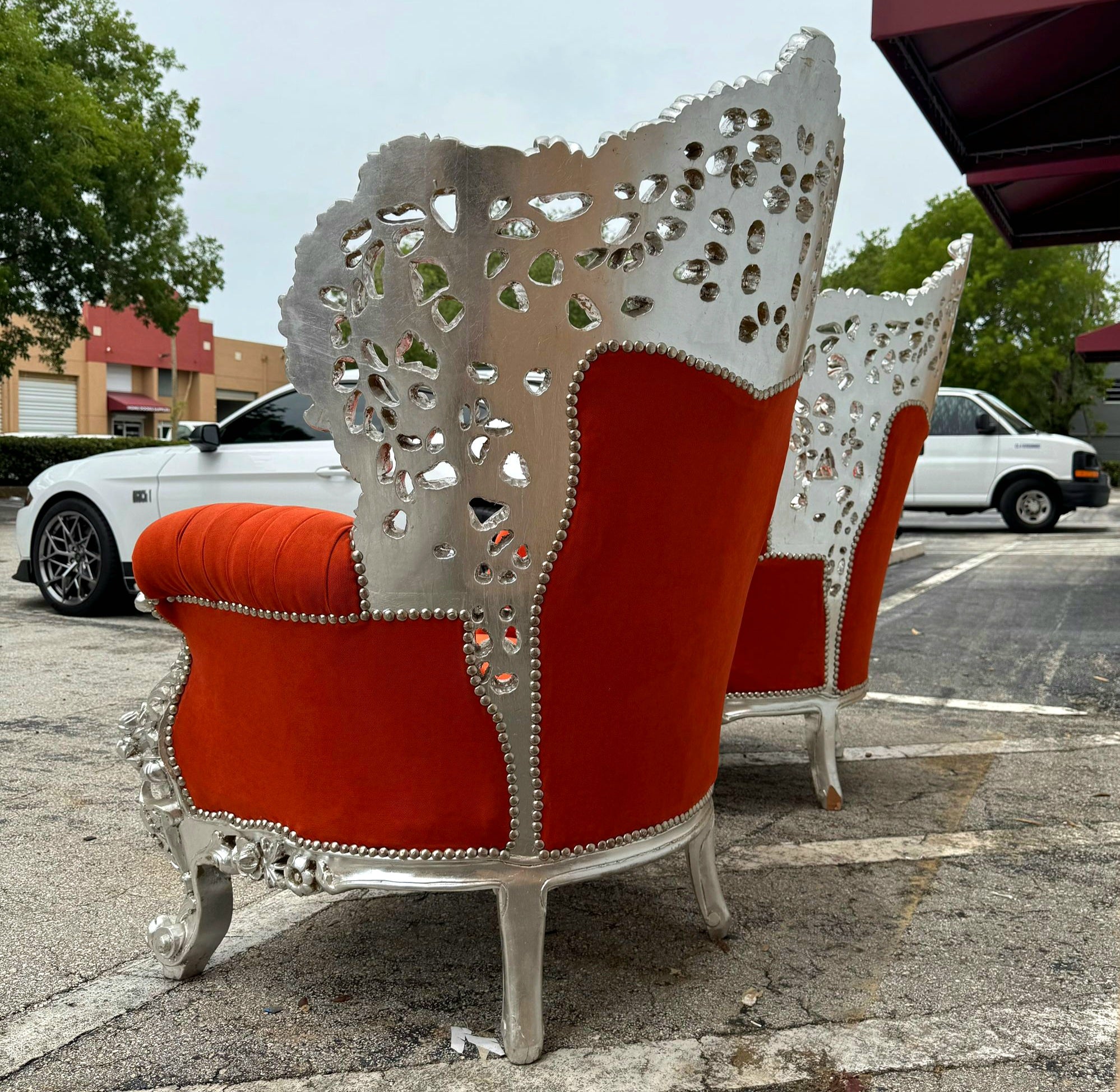 Heavy Rococo Style Orange Velvet Chair with Silver Leaf Frame Details Furniture