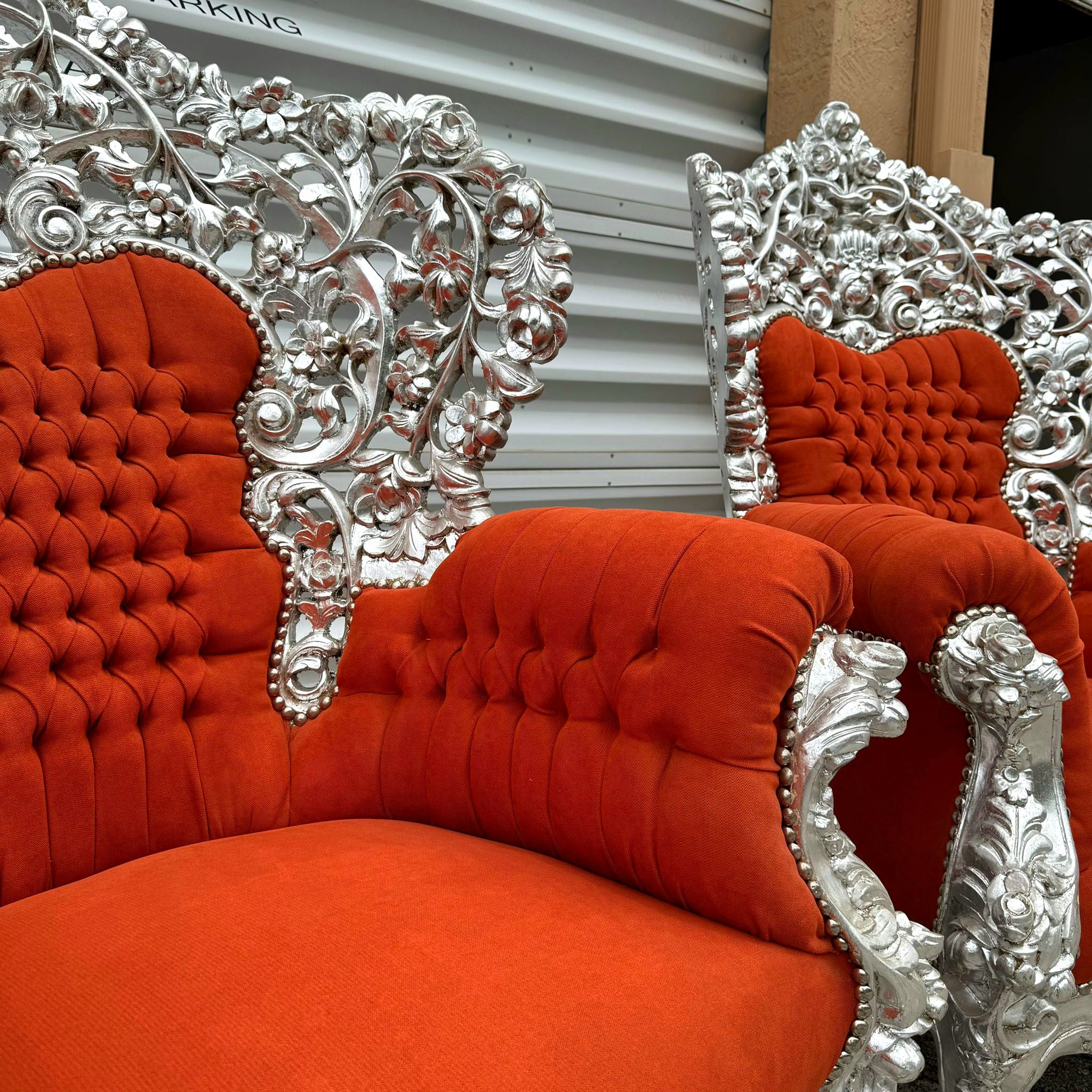 Heavy Rococo Style Orange Velvet Chair with Silver Leaf Frame Details Furniture