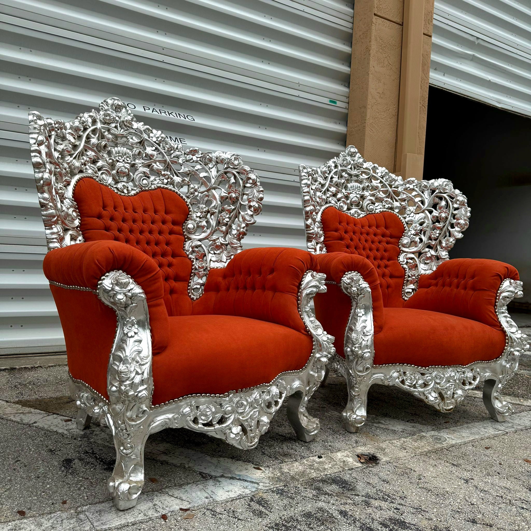 Heavy Rococo Style Orange Velvet Chair with Silver Leaf Frame Details Furniture