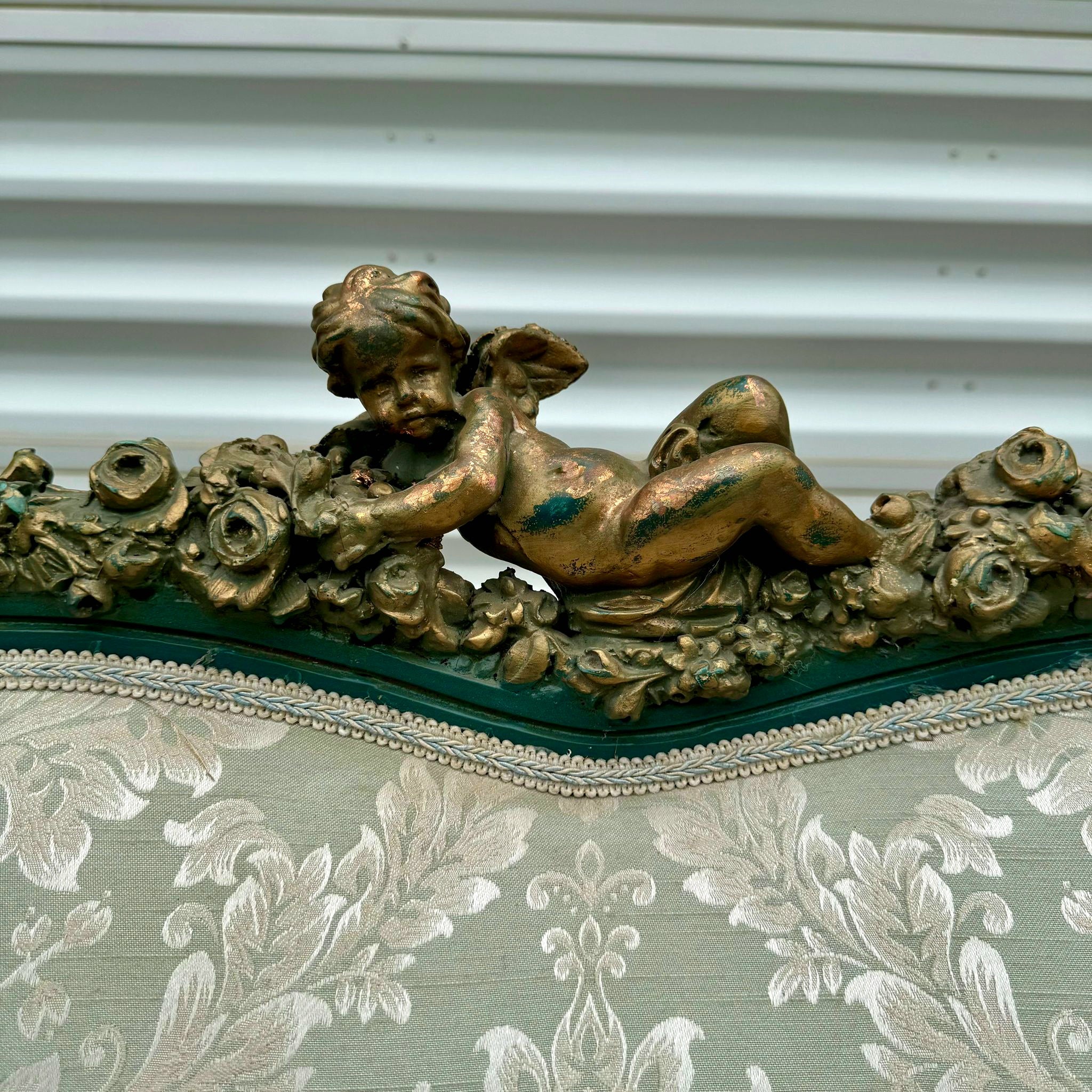 Antique French Rococo Sofa Blue Upholstery & Ornate Carvings Baroque Style