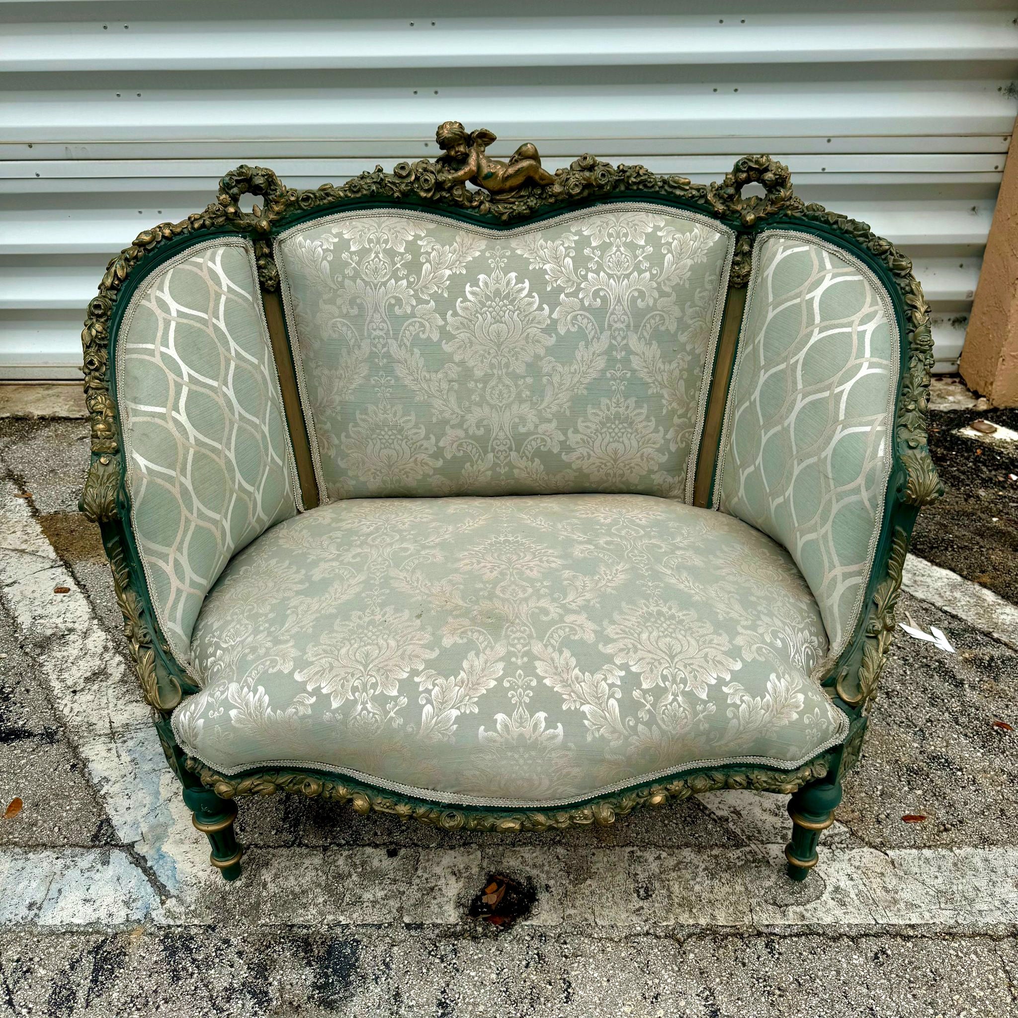 Antique French Rococo Sofa Blue Upholstery & Ornate Carvings Baroque Style