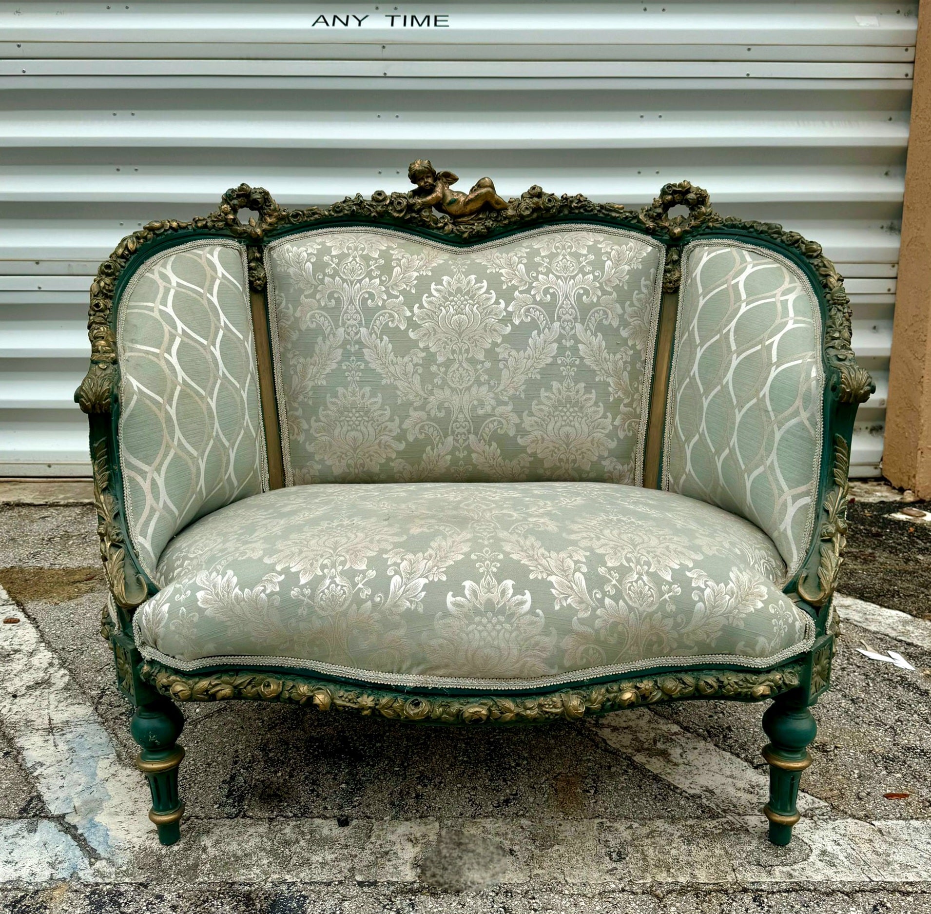 Antique French Rococo Sofa Blue Upholstery & Ornate Carvings Baroque Style