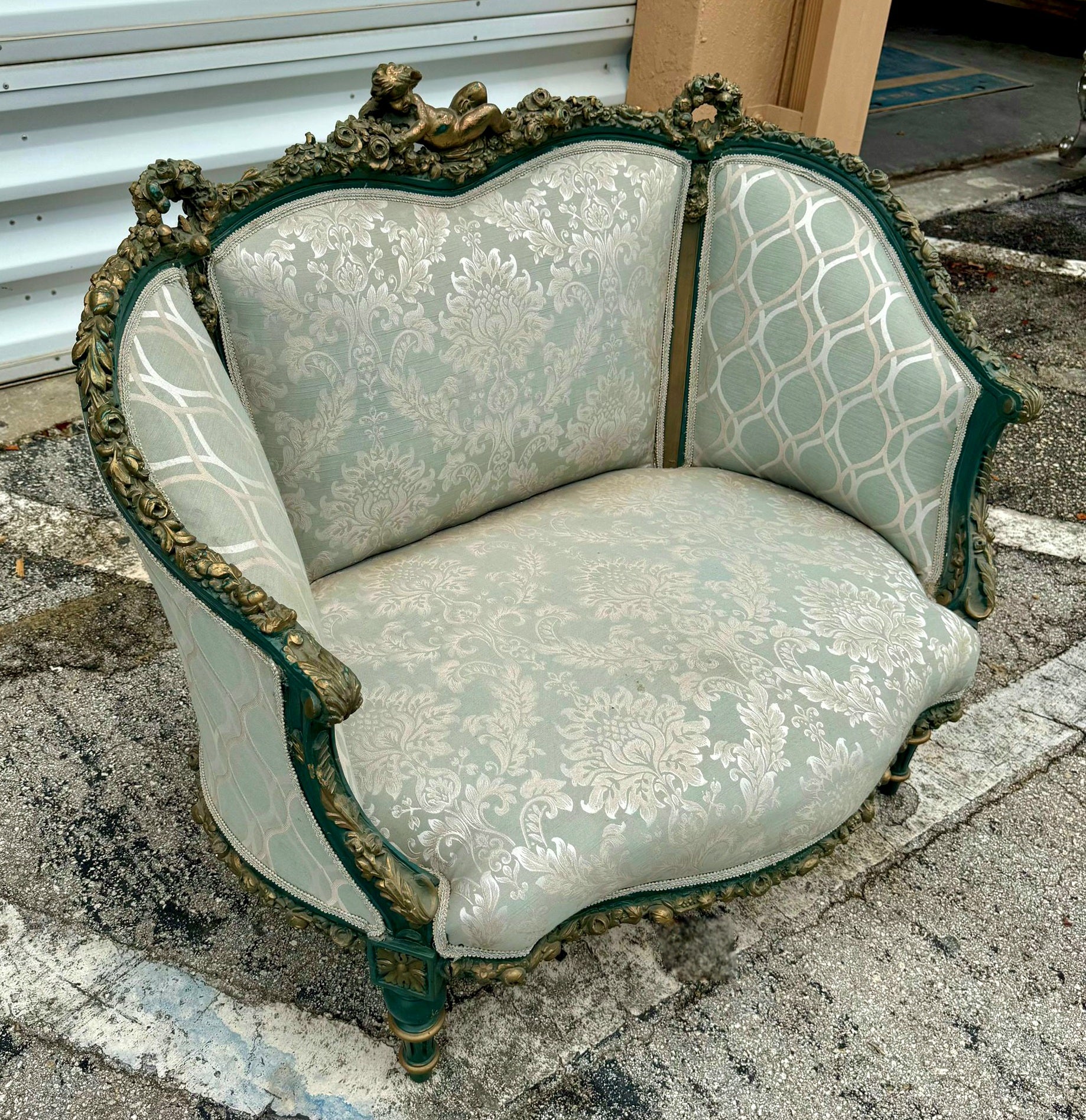 Antique French Rococo Sofa Blue Upholstery & Ornate Carvings Baroque Style