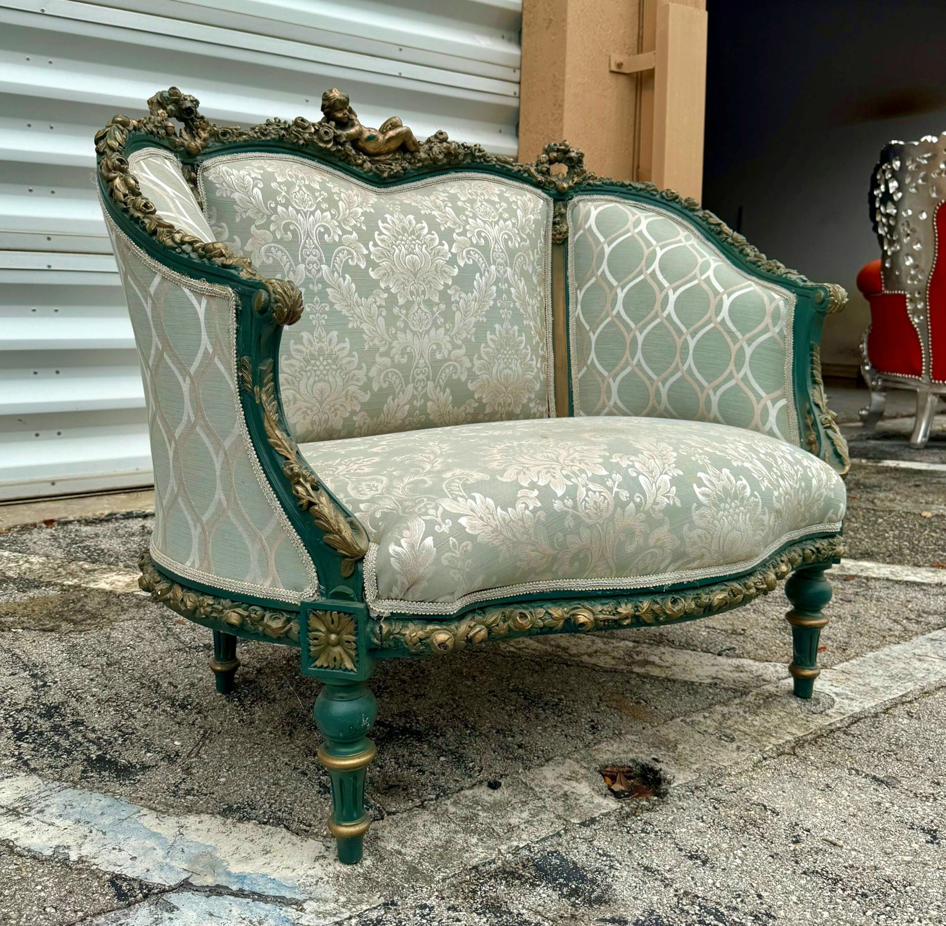 Antique French Rococo Sofa Blue Upholstery & Ornate Carvings Baroque Style