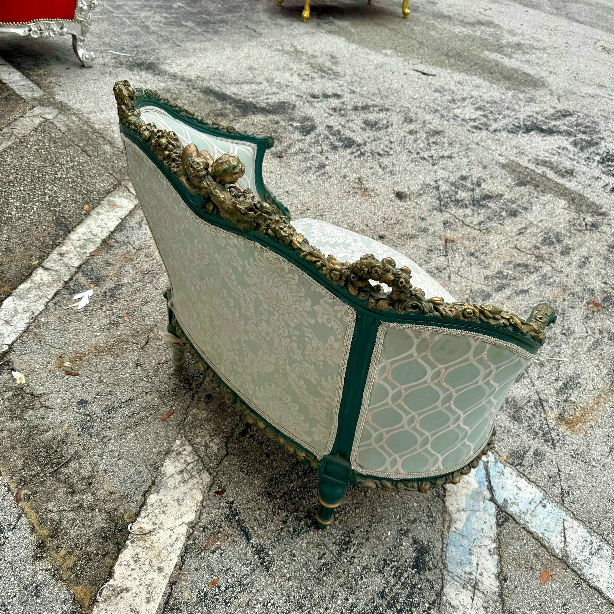 Antique French Rococo Sofa Blue Upholstery & Ornate Carvings Baroque Style