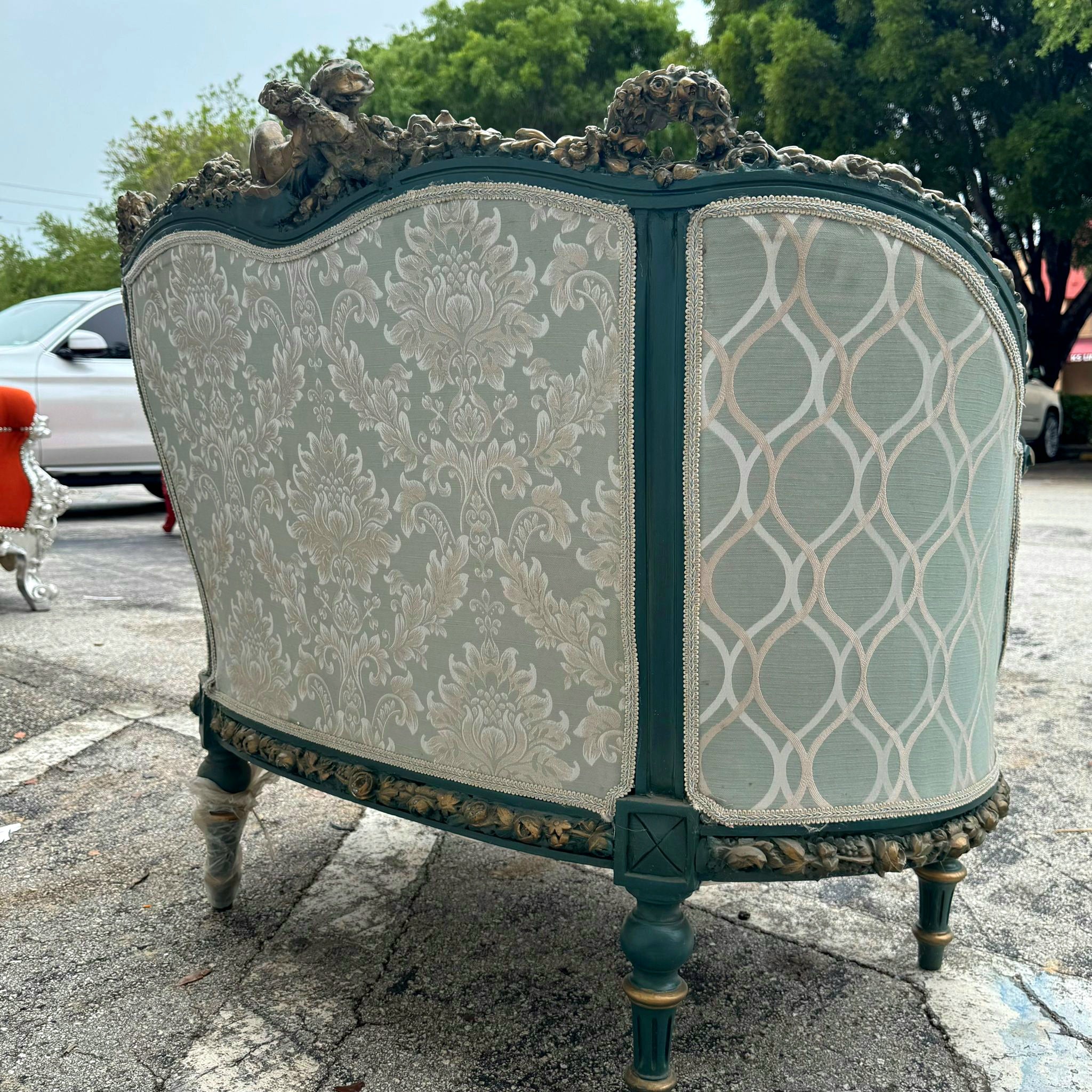 Antique French Rococo Sofa Blue Upholstery & Ornate Carvings Baroque Style