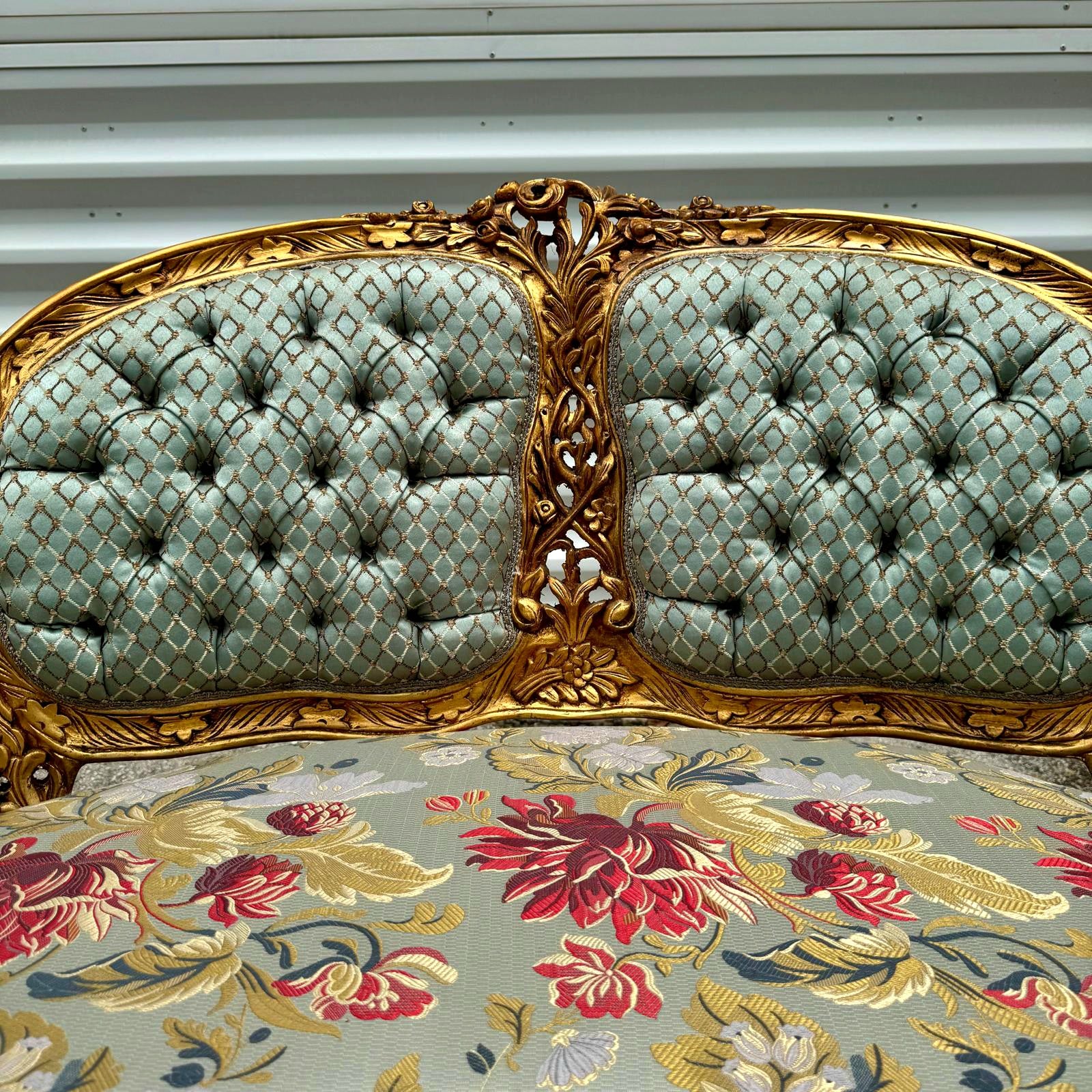 French Rococo Baroque Sofa Hand-Carved Sky Blue with Gold Leaf Details