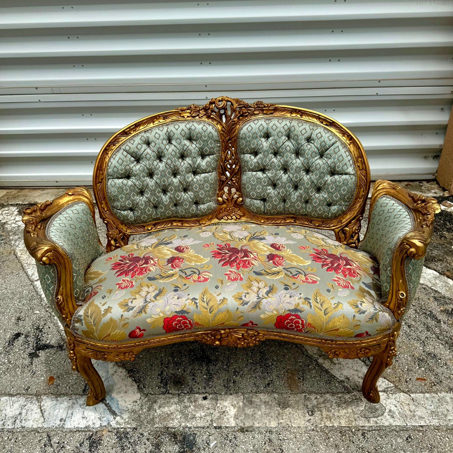 French Rococo Baroque Sofa Hand-Carved Sky Blue with Gold Leaf Details