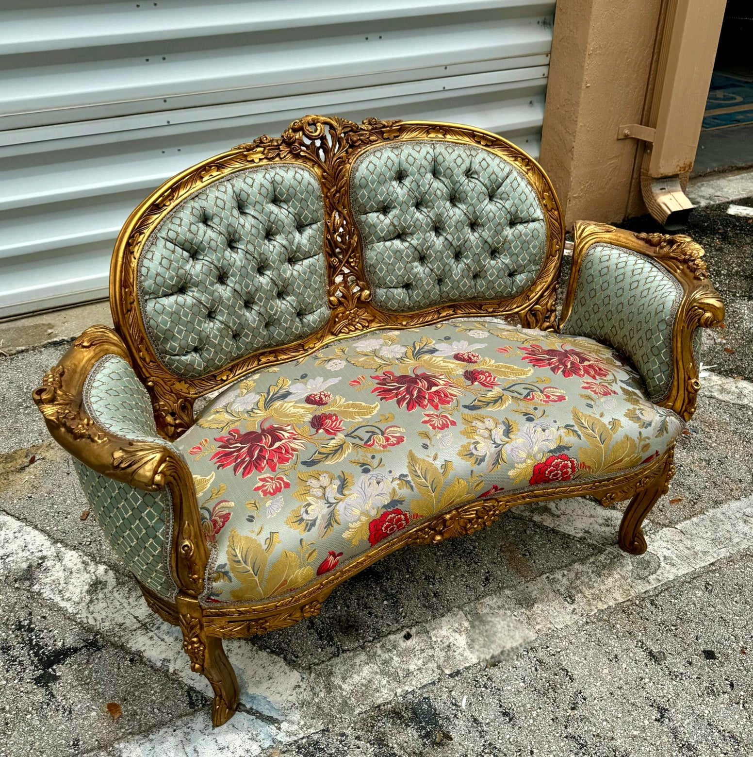 French Rococo Baroque Sofa Hand-Carved Sky Blue with Gold Leaf Details