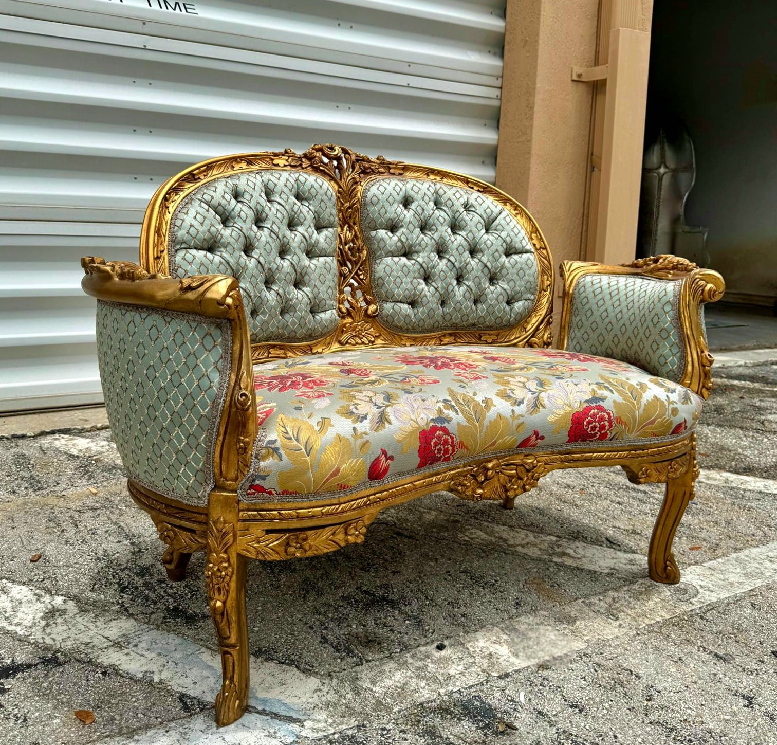 French Rococo Baroque Sofa Hand-Carved Sky Blue with Gold Leaf Details