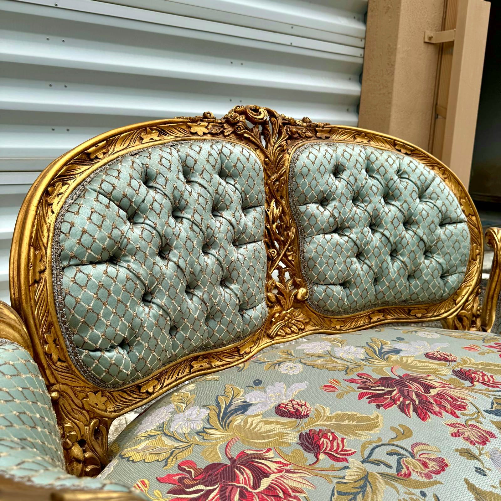 French Rococo Baroque Sofa Hand-Carved Sky Blue with Gold Leaf Details