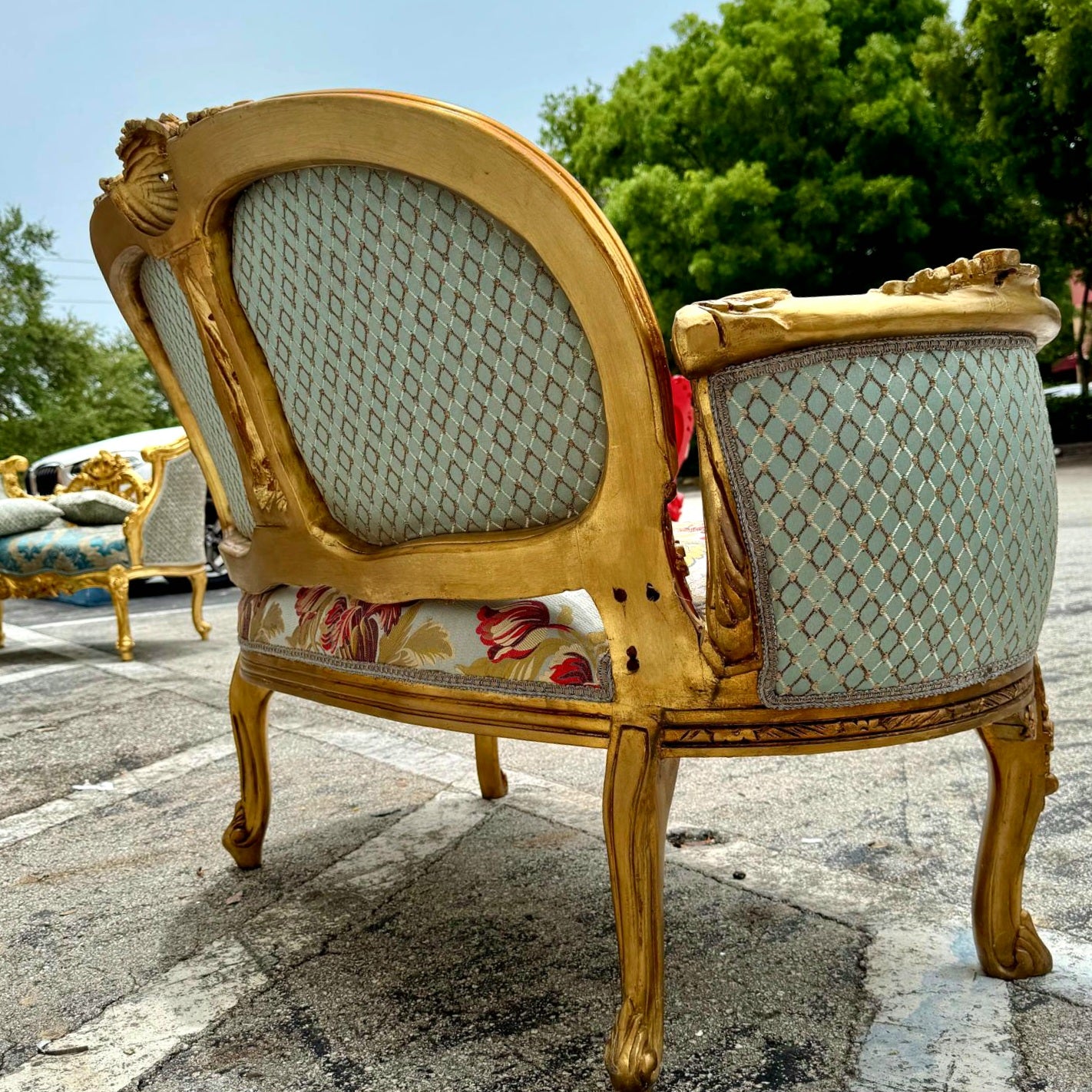 French Rococo Baroque Sofa Hand-Carved Sky Blue with Gold Leaf Details